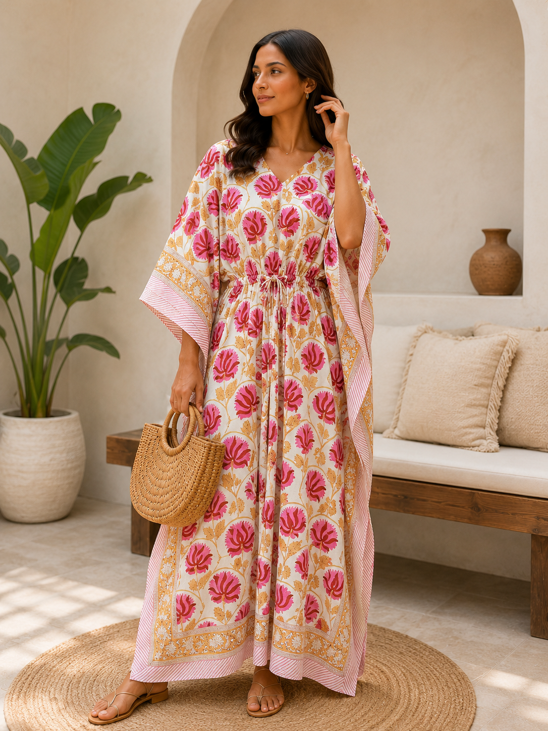 Women’s Floral Printed Cotton Kaftan Dress