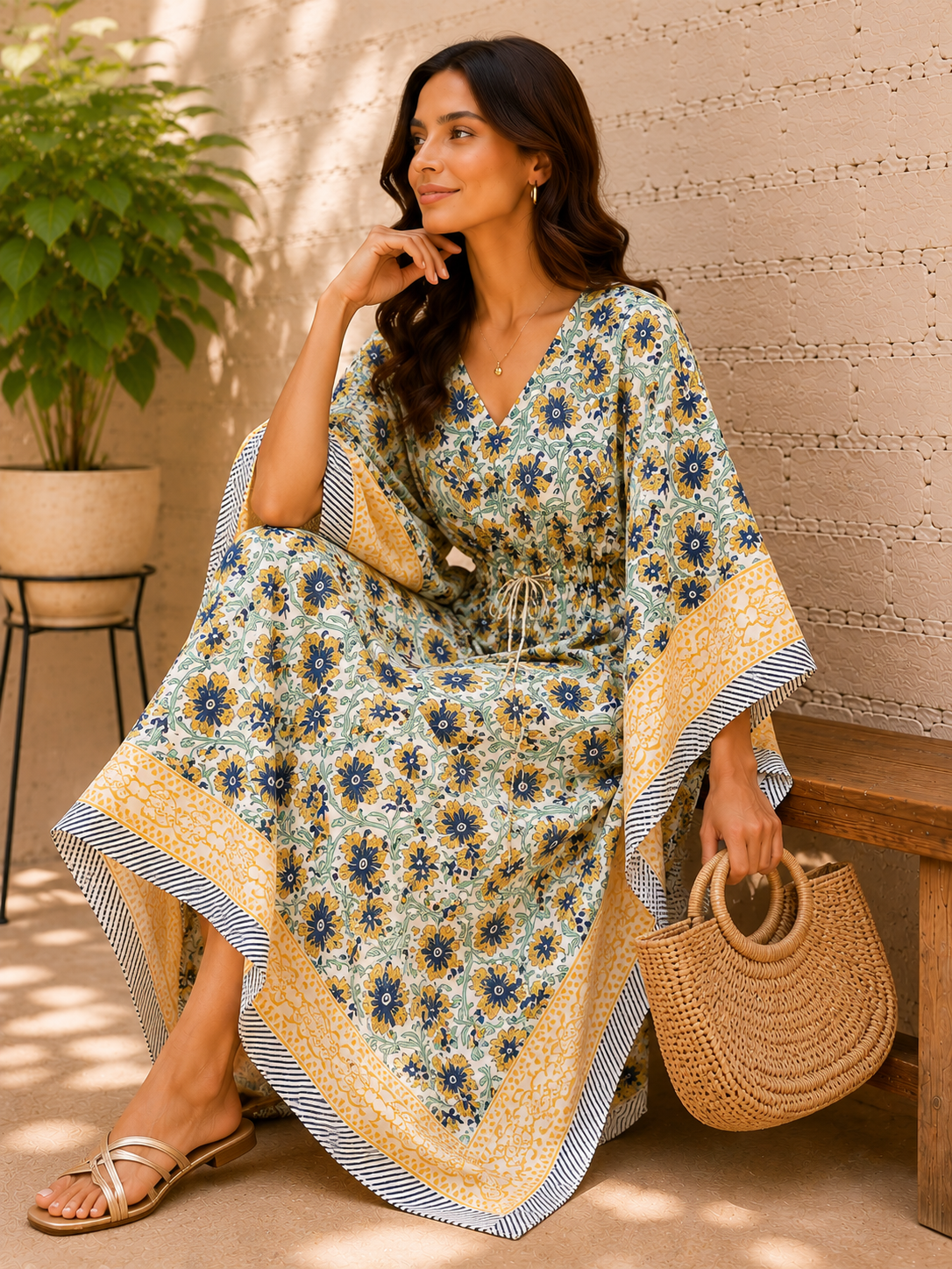 Image of Handmade Floral Print Cotton Kaftan Dress for Women