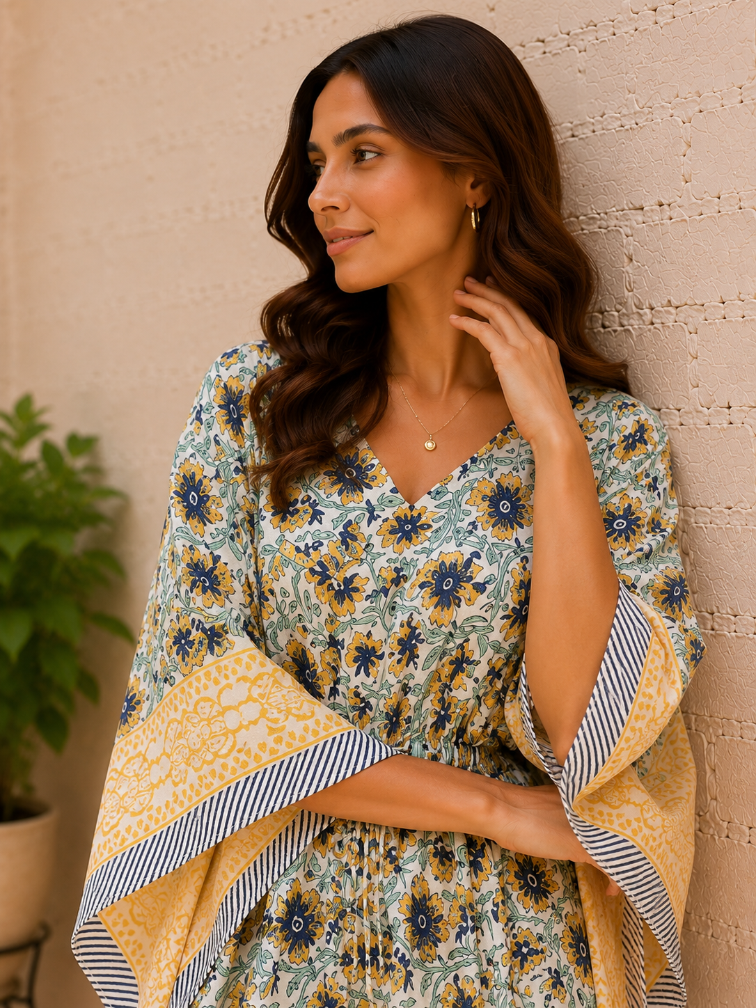 Handmade Floral Print Cotton Kaftan Dress for Women