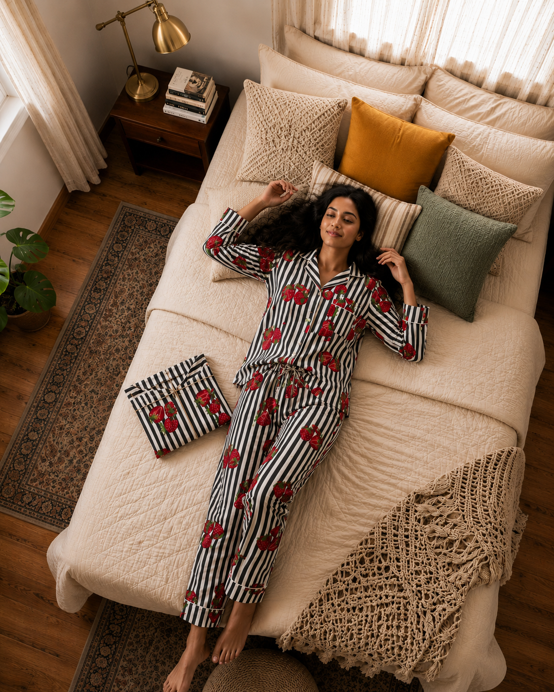 Image of Strawberry print night suit for women handmade cotton pajama set