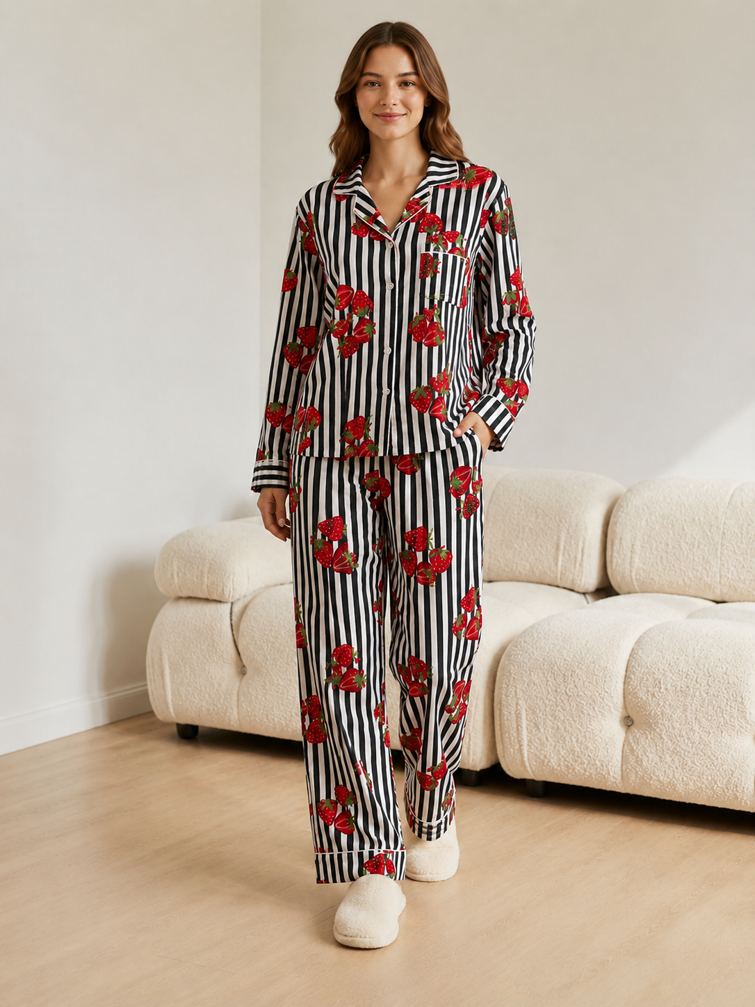 Image of Strawberry print night suit for women handmade cotton pajama set