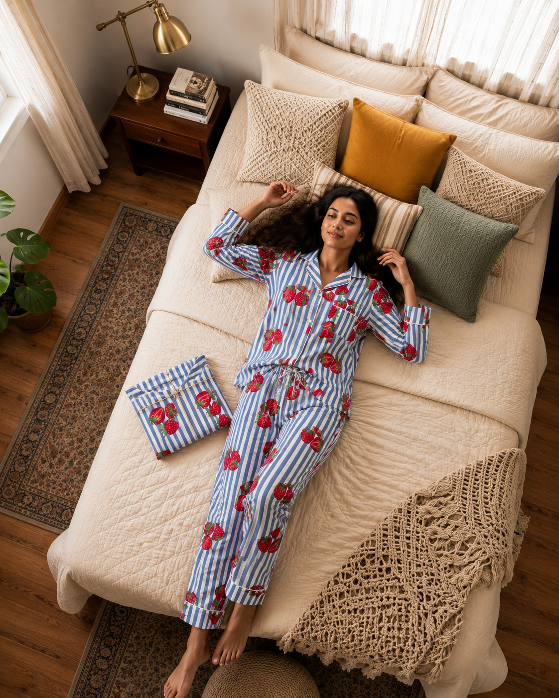 Strawberry print night suit for women handmade cotton pajama set