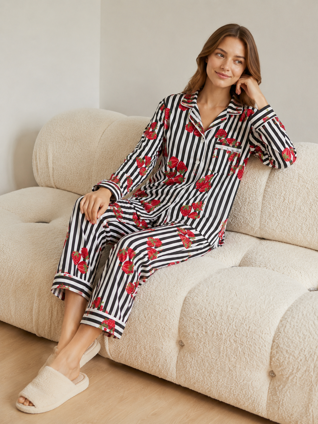 Strawberry print night suit for women handmade cotton pajama set