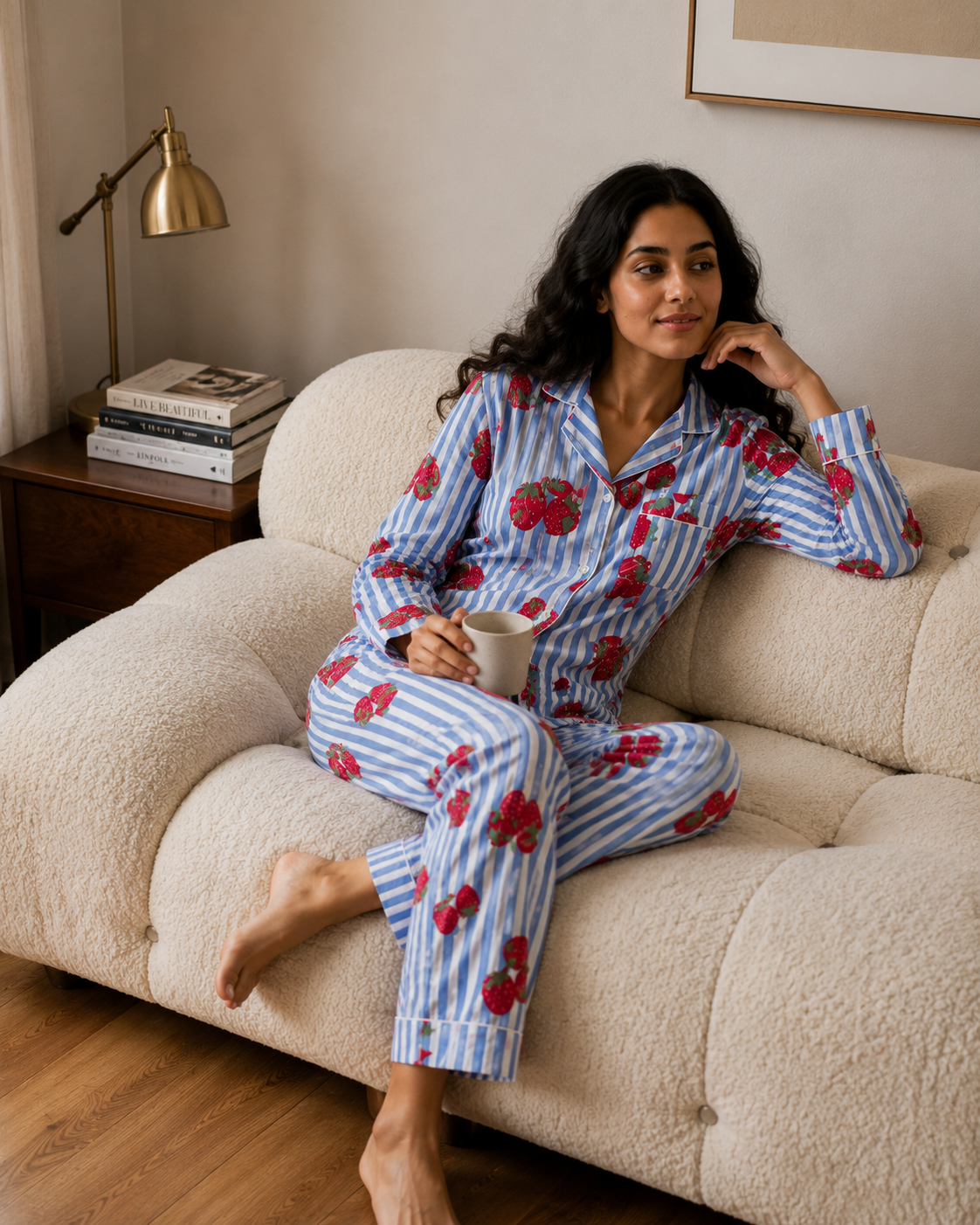 Strawberry print night suit for women handmade cotton pajama set