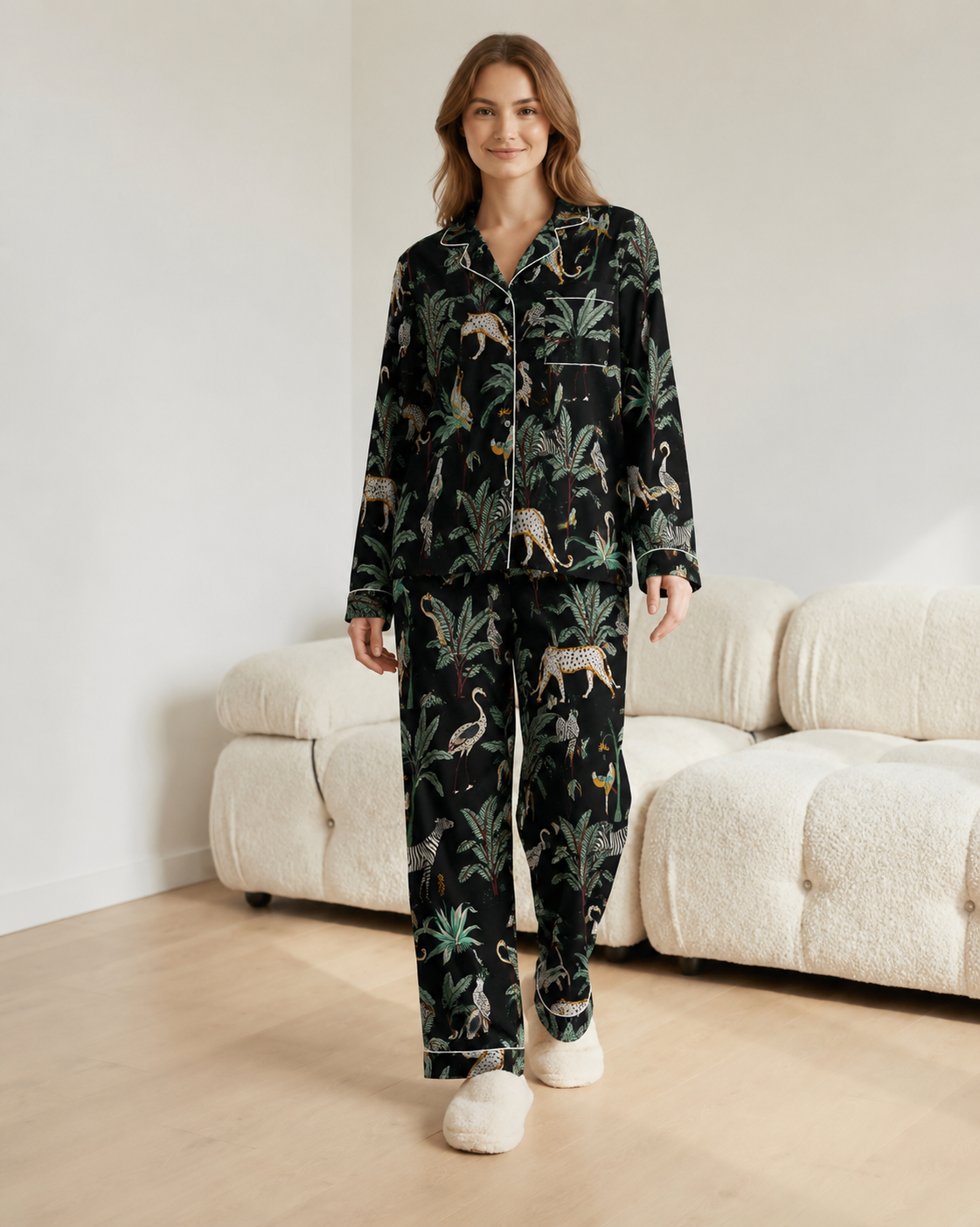 Image of Soft Cotton Pajama Set Women's Handmade Floral  Nightwear Set