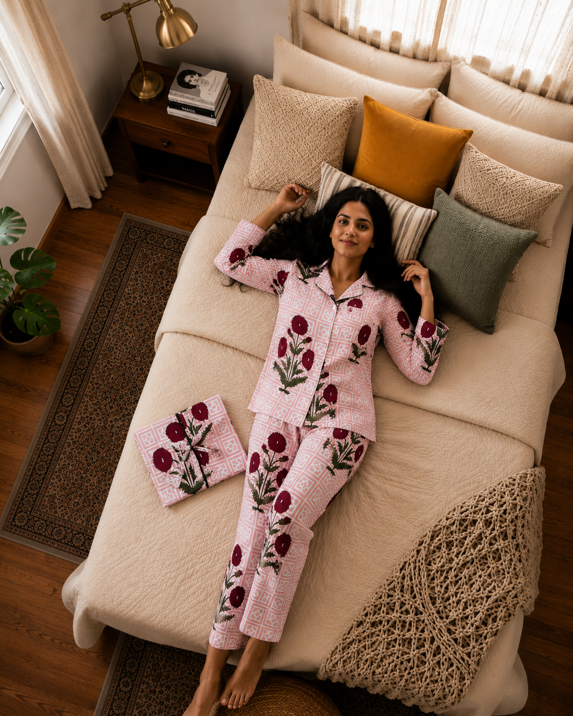 Image of Women's Floral Hand Block Cotton Night Suit Soft Pajama Set