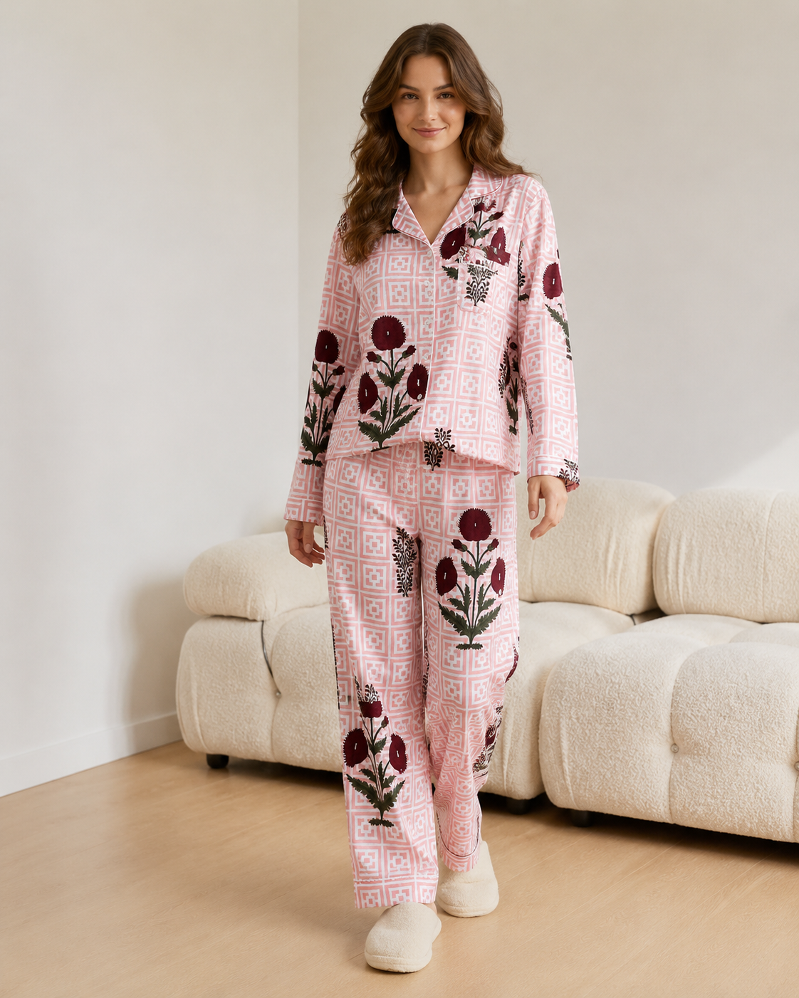 Image of Women's Floral Hand Block Cotton Night Suit Soft Pajama Set