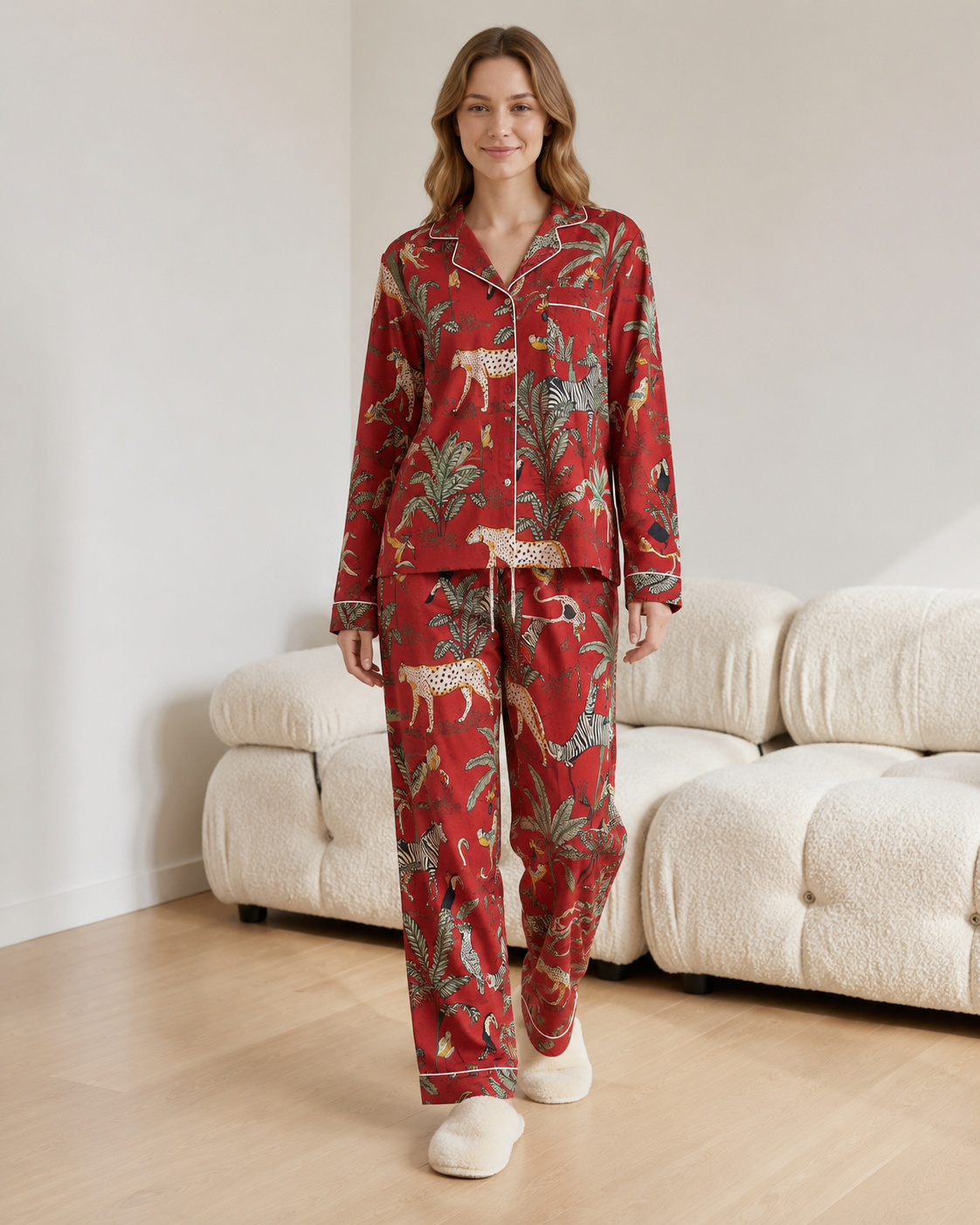Jugle Print Pajama Set For Women Soft Cotton Sleepwear