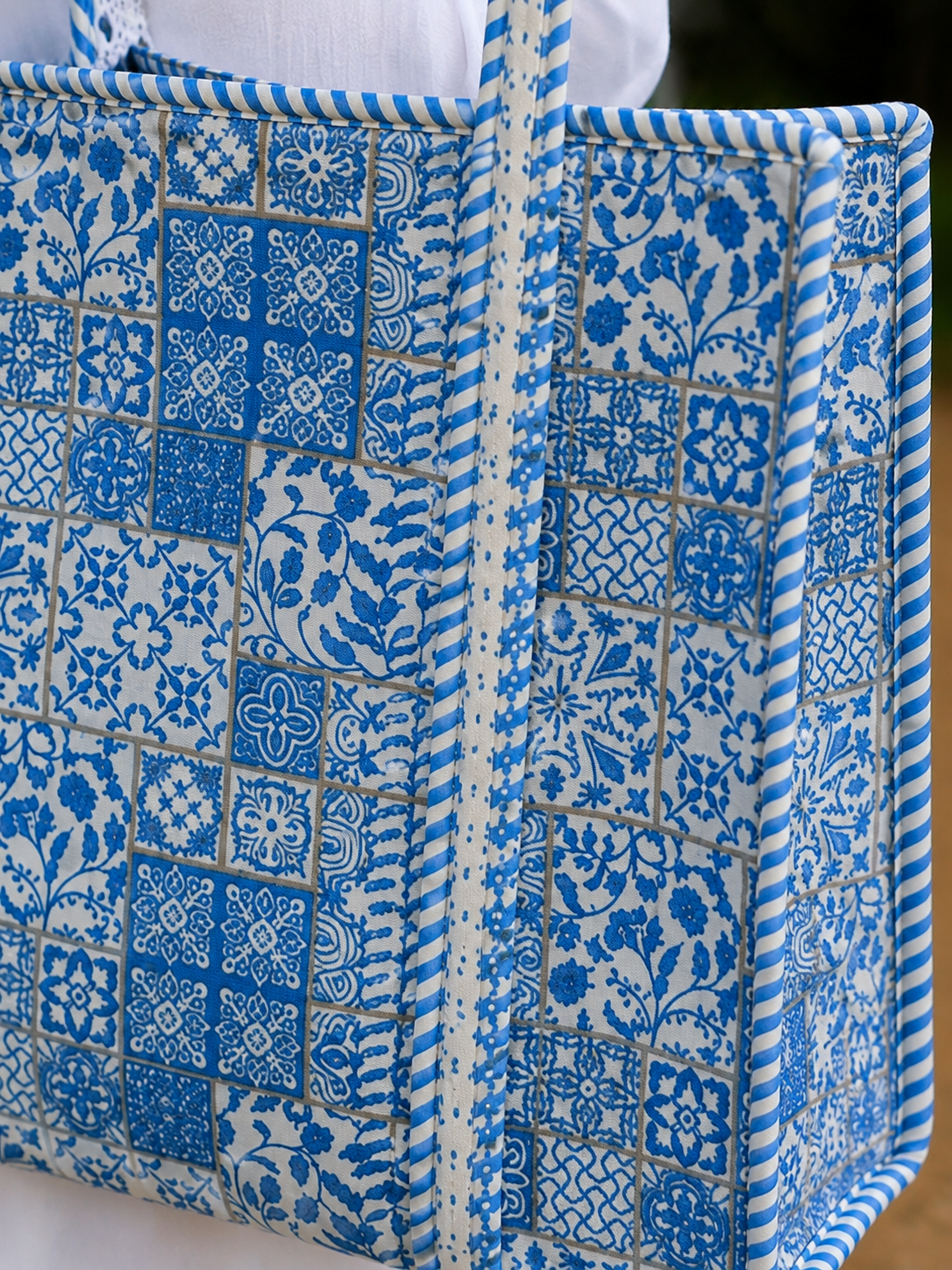 Image of Blue Floral Tote Bag Handmade Cotton Office & College Bag