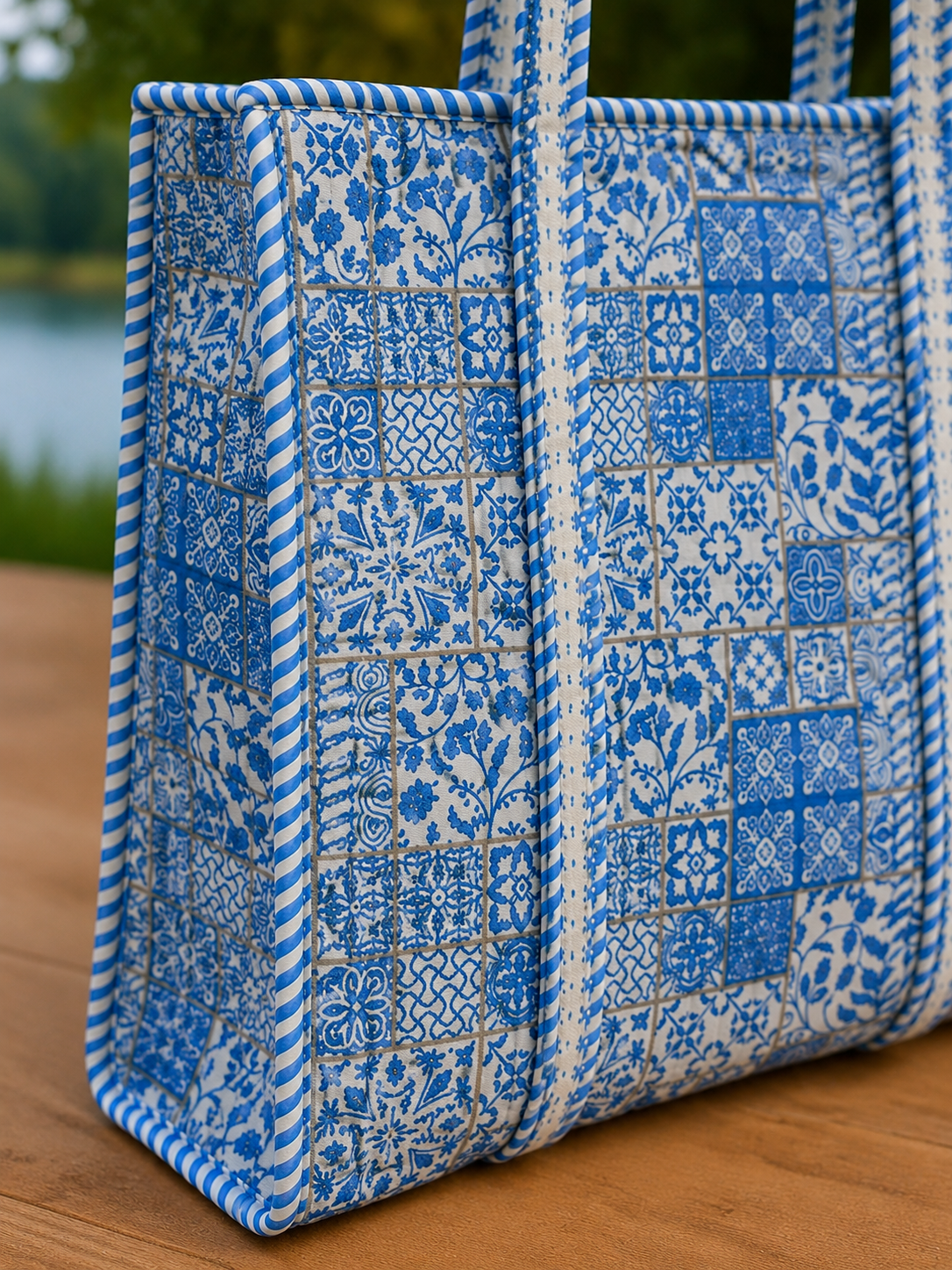 Image of Blue Floral Tote Bag Handmade Cotton Office & College Bag