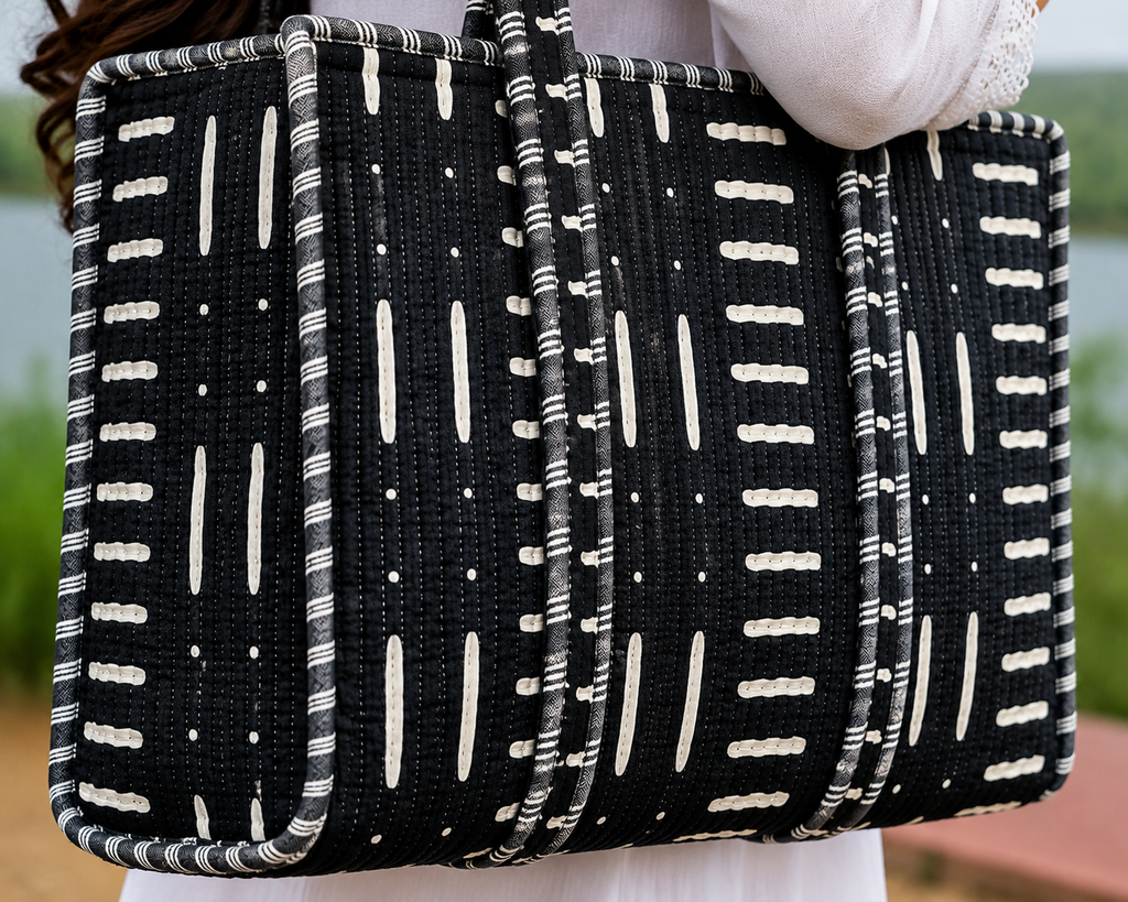 Handmade Black Cotton Tote Bag | Quilted Shoulder Bag for Women