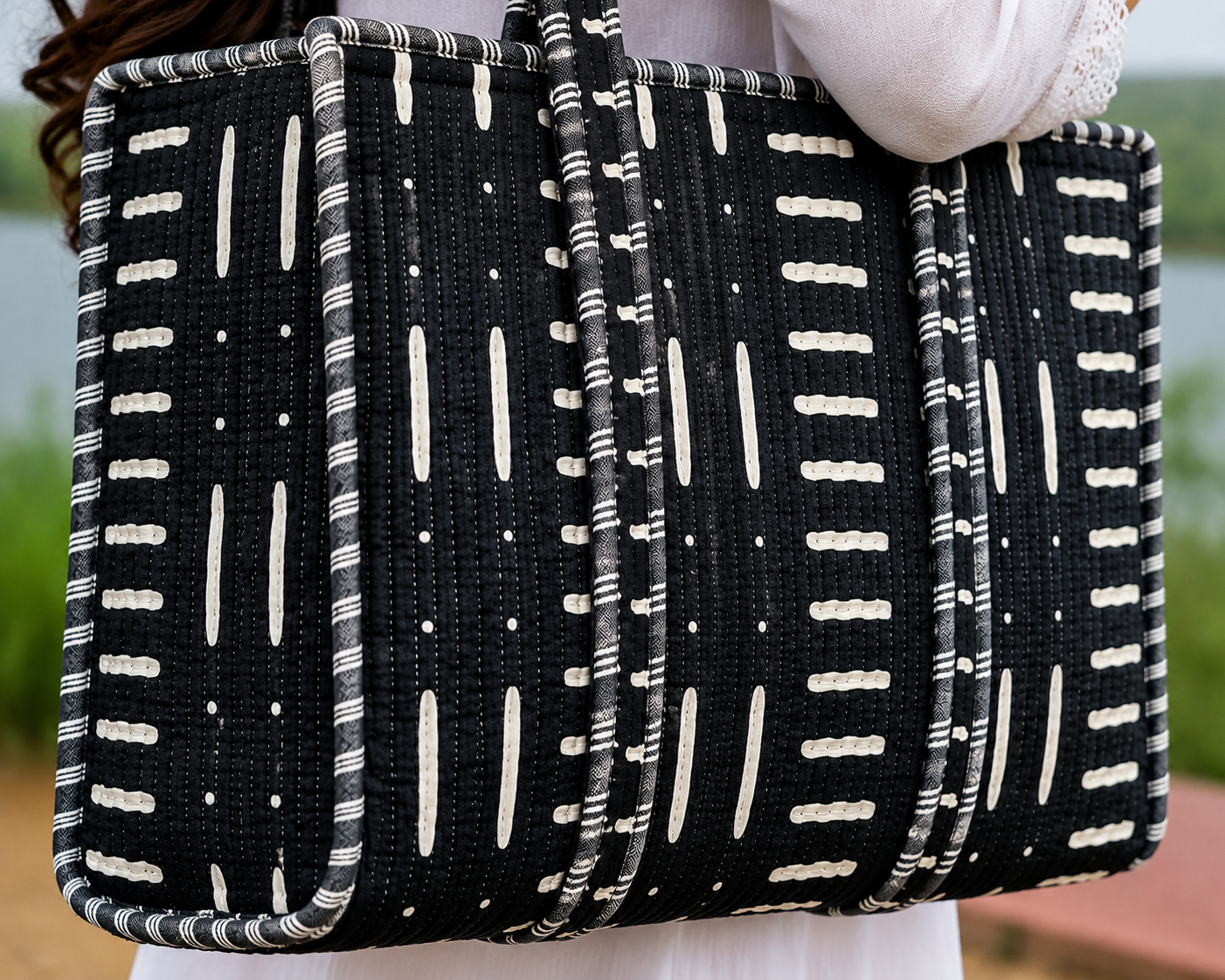Quilted Shoulder Bag for Women Handmade Black Cotton Tote Bag