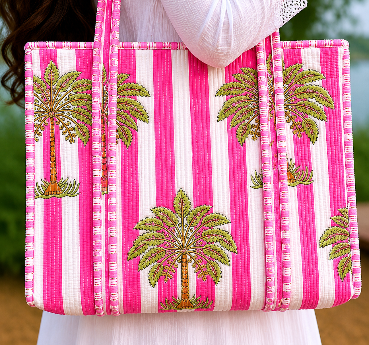 Women's Quilted Tote Bag Pink Palm Print Cotton Carryall