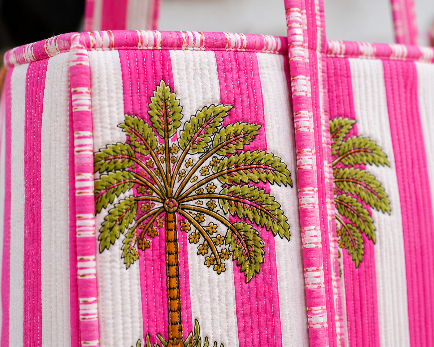 Women's Quilted Tote Bag | Pink Palm Print Cotton Carryall