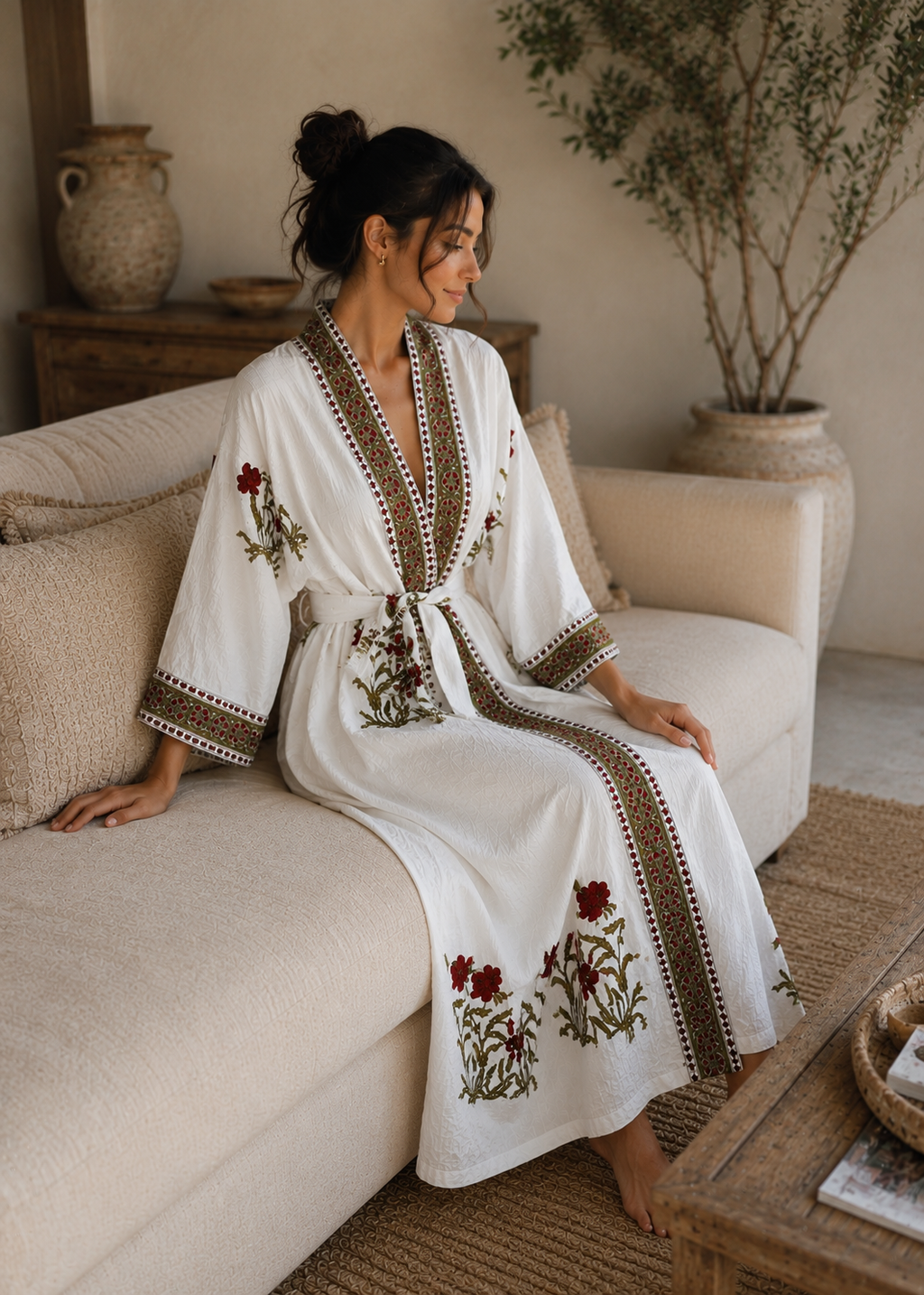 Women White Floral Kimono Robe