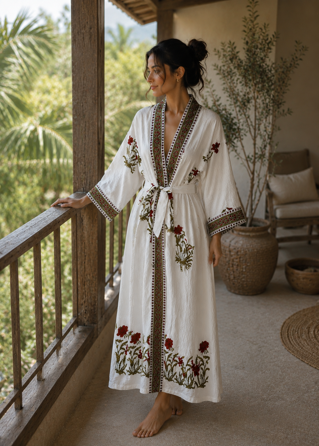 Women White Floral Kimono Robe