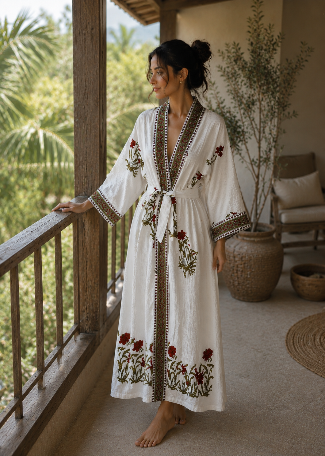 Women White Floral Kimono Robe