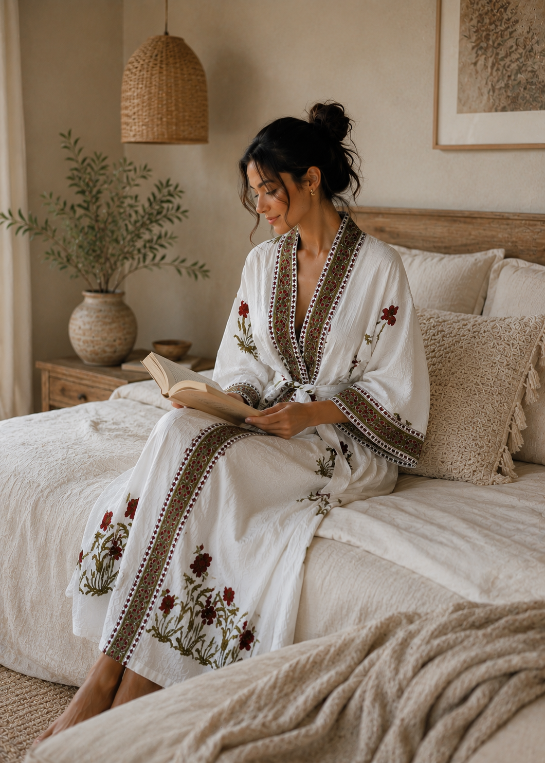 Women White Floral Kimono Robe