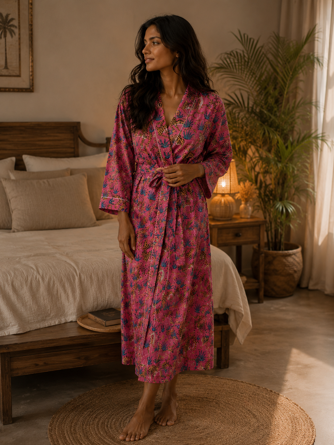 Pink Floral Printed Bathrobe For Women