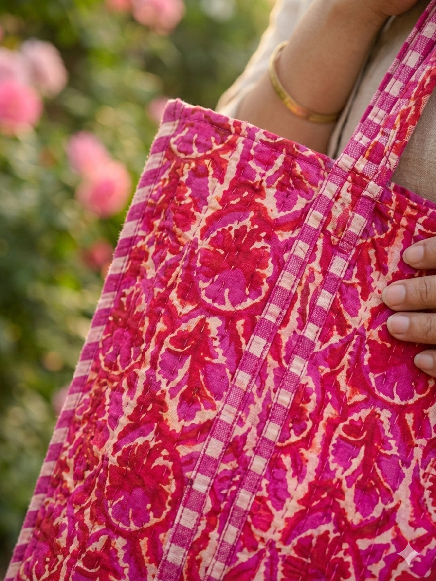 Image of Indian Handmade Cotton Quilted Tote For Shopping, Shoulder Carry On For market