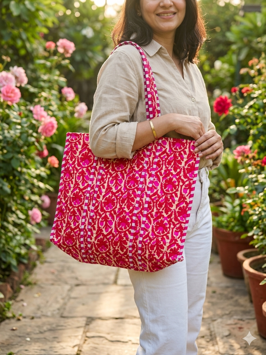 Image of Indian Handmade Cotton Quilted Tote For Shopping, Shoulder Carry On For market