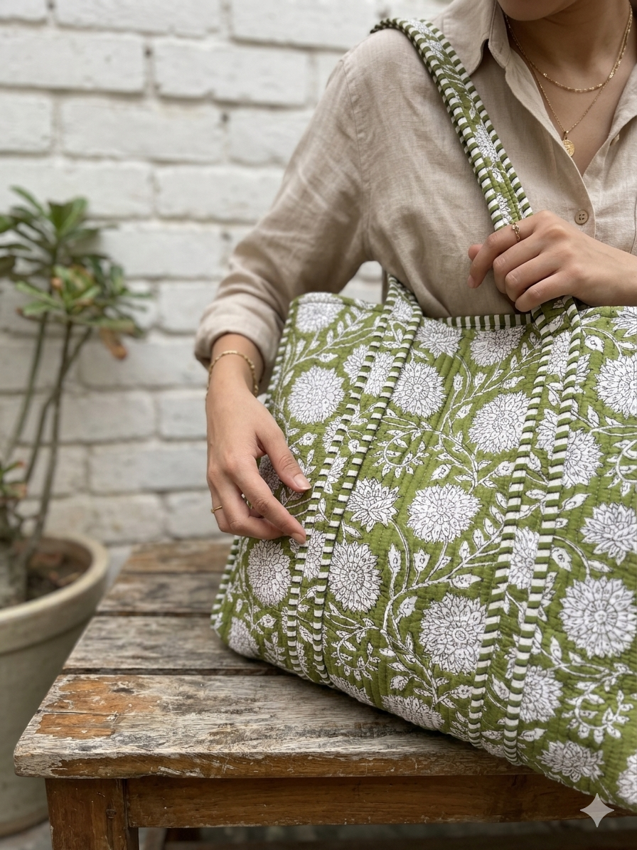 Vintage Floral Tote Bag Quilted Cotton Shoulder Bag for Women