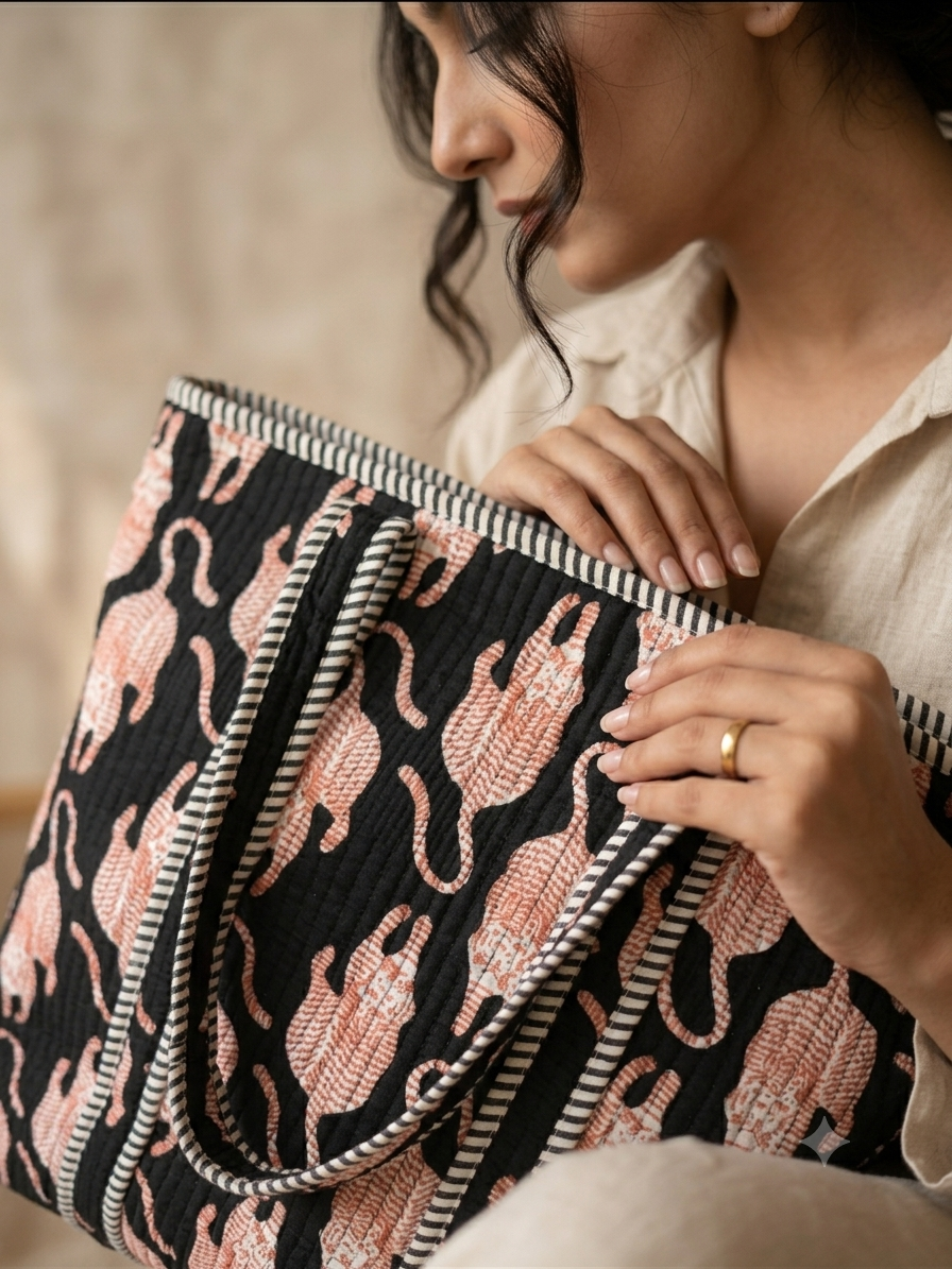 Image of Block print quilted tote bag for women  daily use