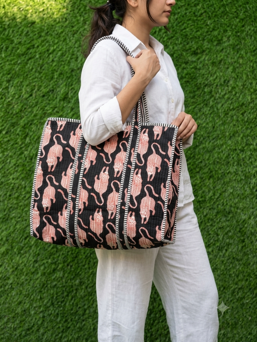 Image of Block print quilted tote bag for women  daily use