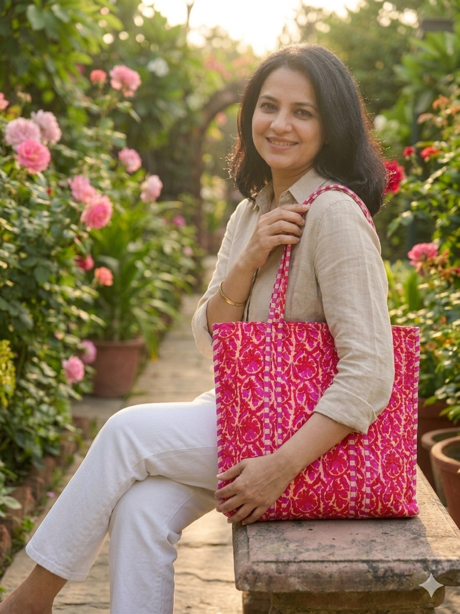 Indian Handmade Cotton Quilted Tote For Shopping, Shoulder Carry On For market