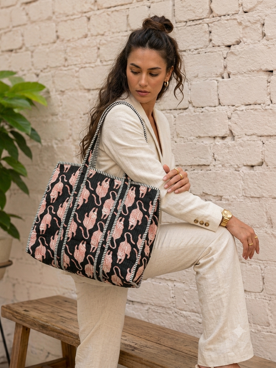 Block print quilted tote bag for women  daily use