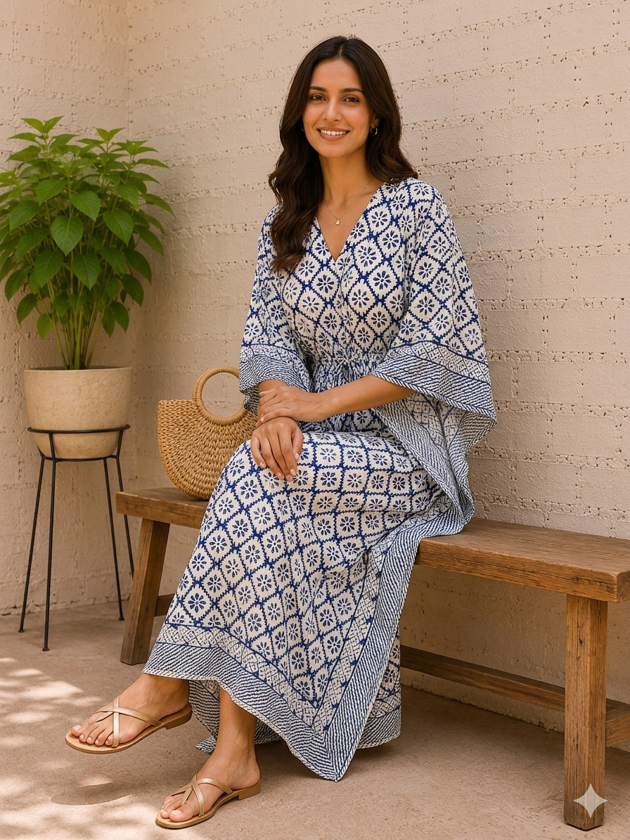 Image of Cotton Floral Block Print Kaftan Comfortable Women's Loungewear