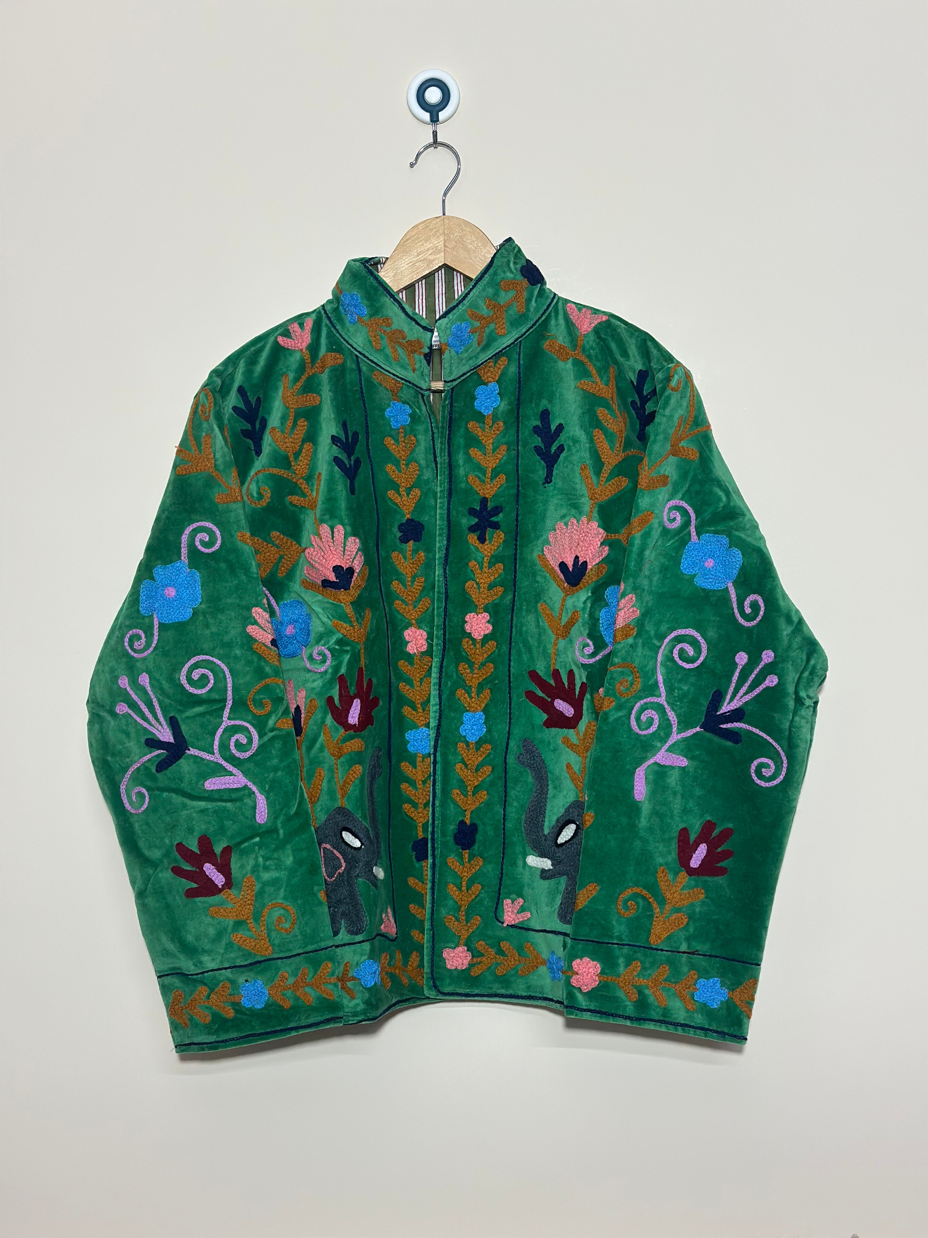 Image of Green Suzani Jacket | Handmade Floral Embroidered Boho Jacket for Women