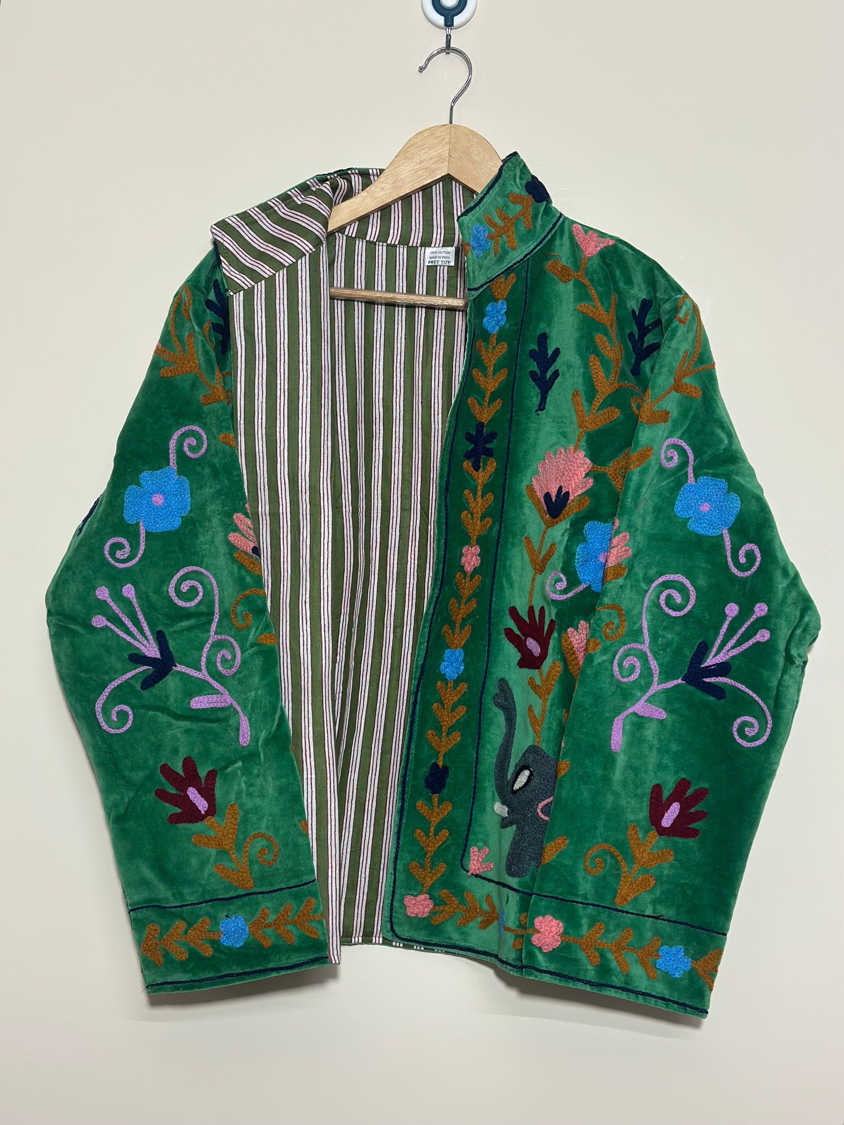 Image of Green Suzani Jacket | Handmade Floral Embroidered Boho Jacket for Women