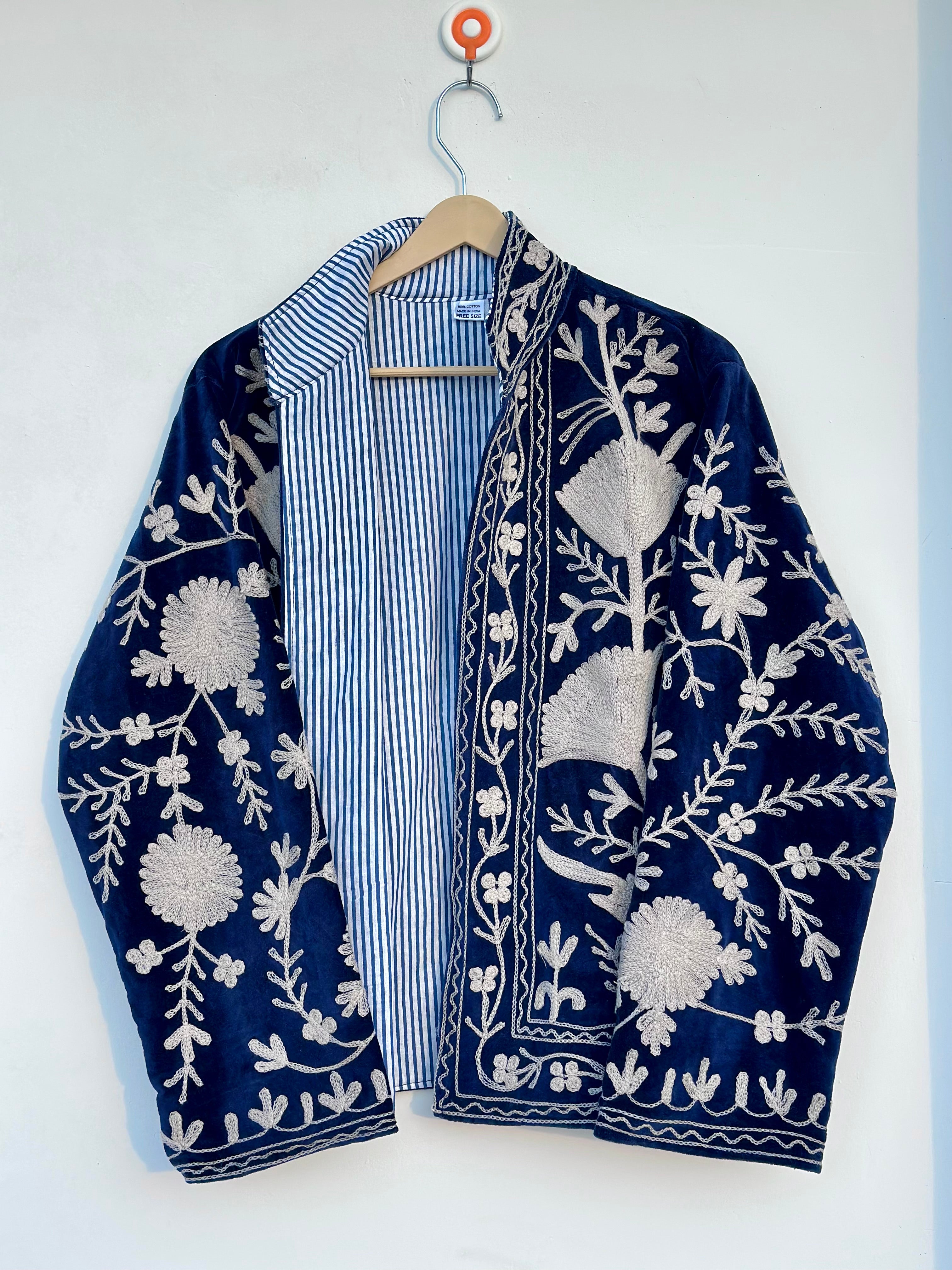 Image of Navy Blue Velvet Embroidered Jacket