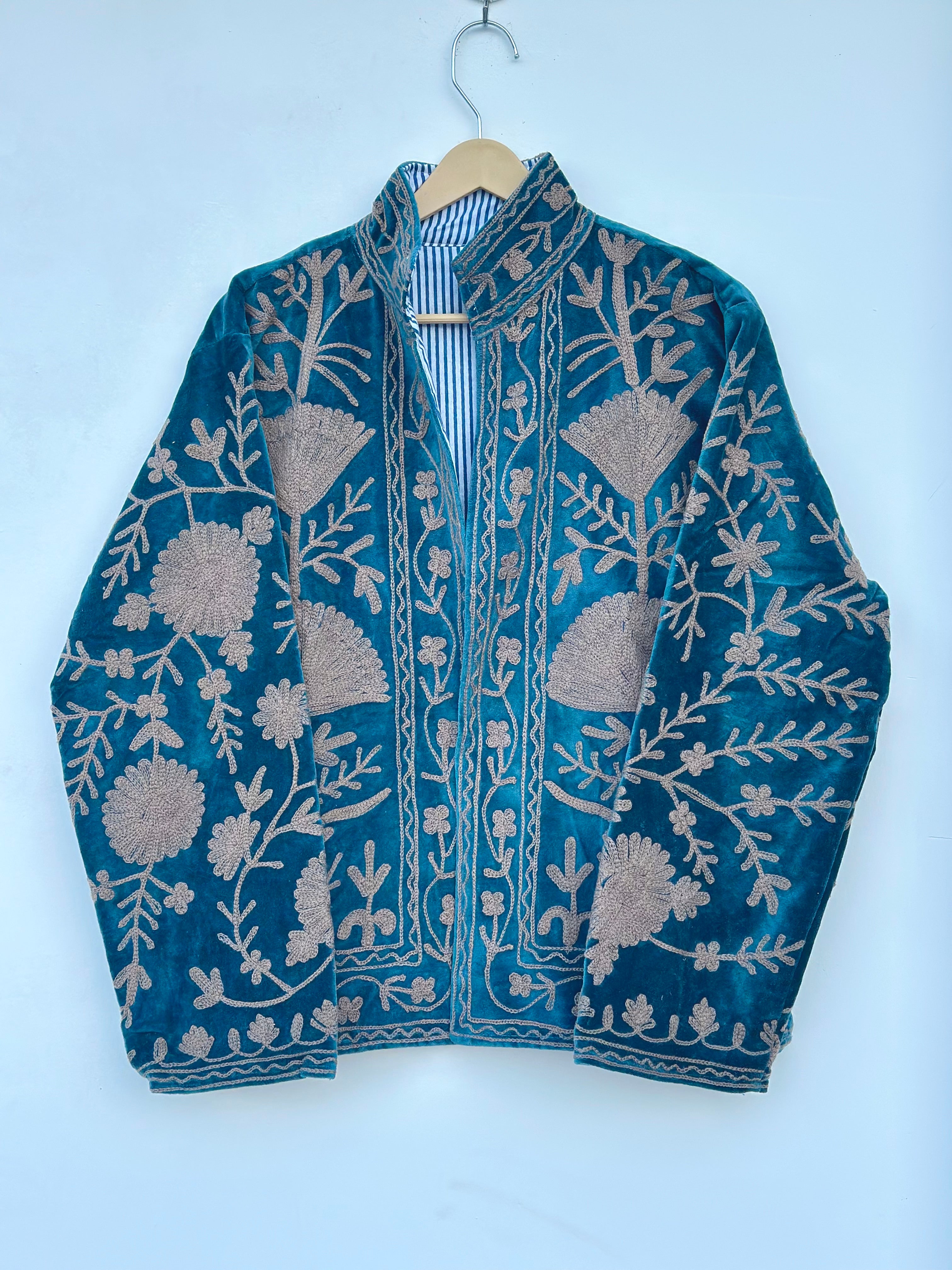 Image of Teal Blue Velvet Suzani Embroidered Jacket |