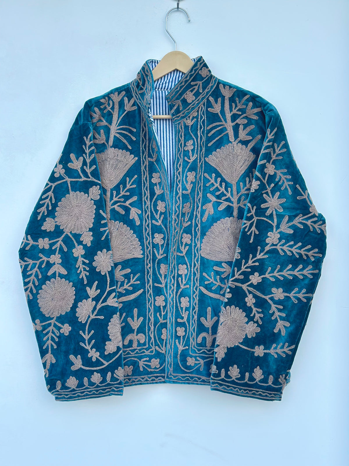 Teal Blue Velvet Suzani Embroidered Jacket |
