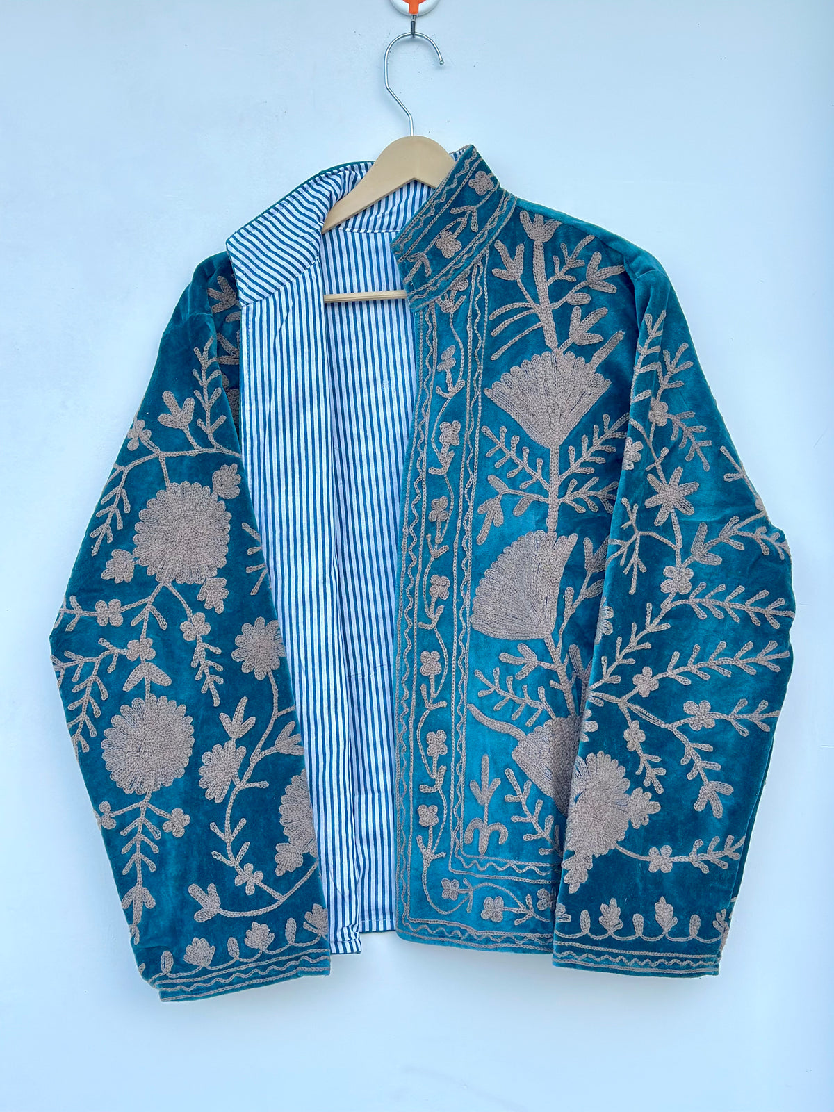 Teal Blue Velvet Suzani Embroidered Jacket |