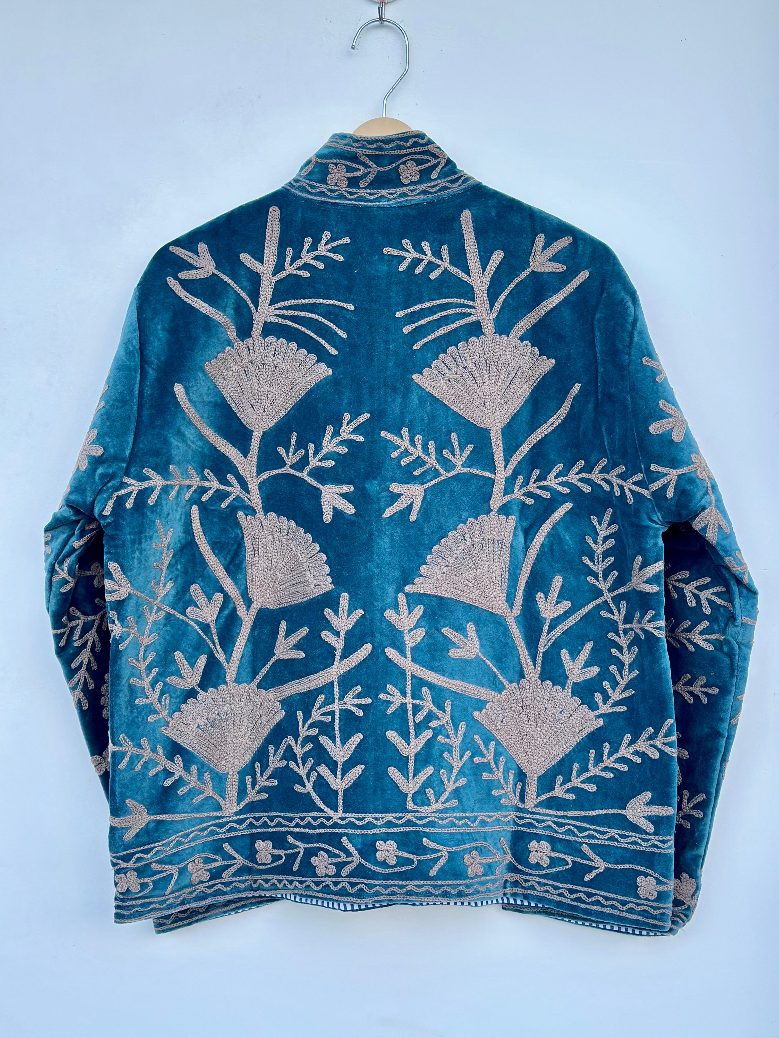 Image of Teal Blue Velvet Suzani Embroidered Jacket |