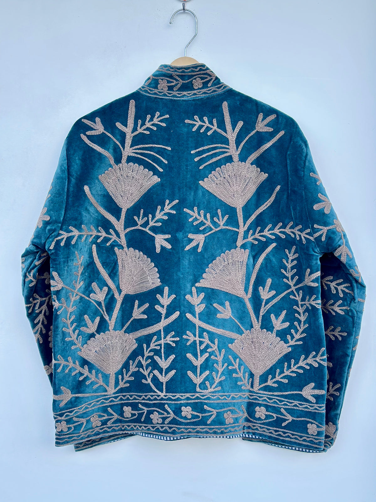 Teal Blue Velvet Suzani Embroidered Jacket |