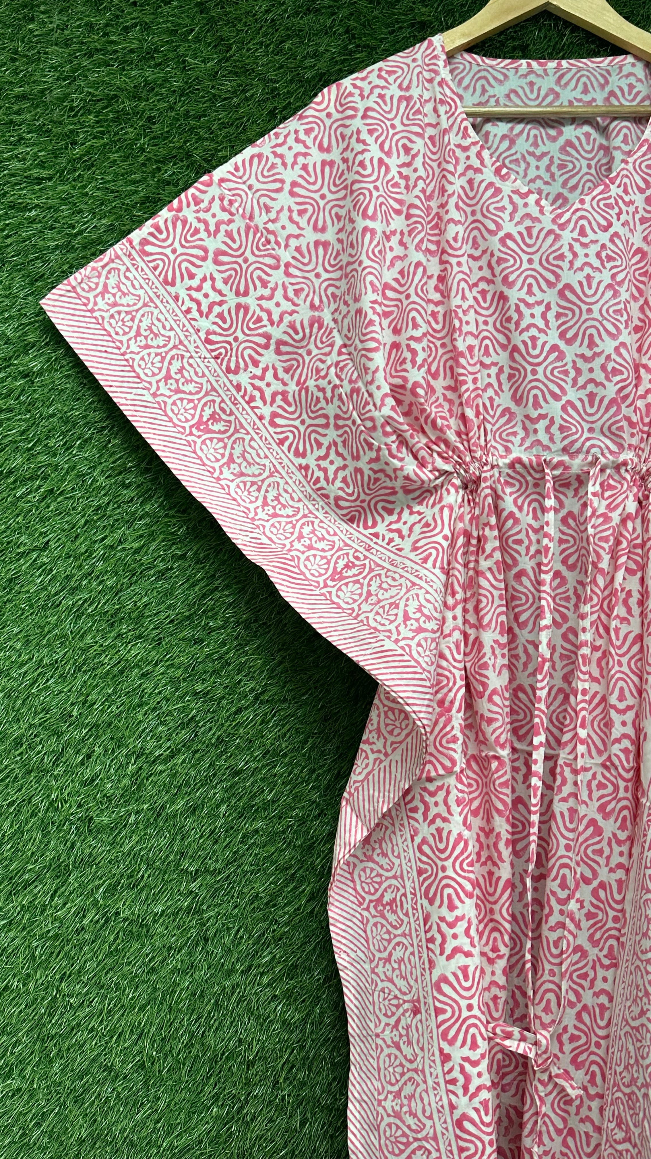 Pink Cotton Kaftan Dress for women Block Print Boho Loungewear