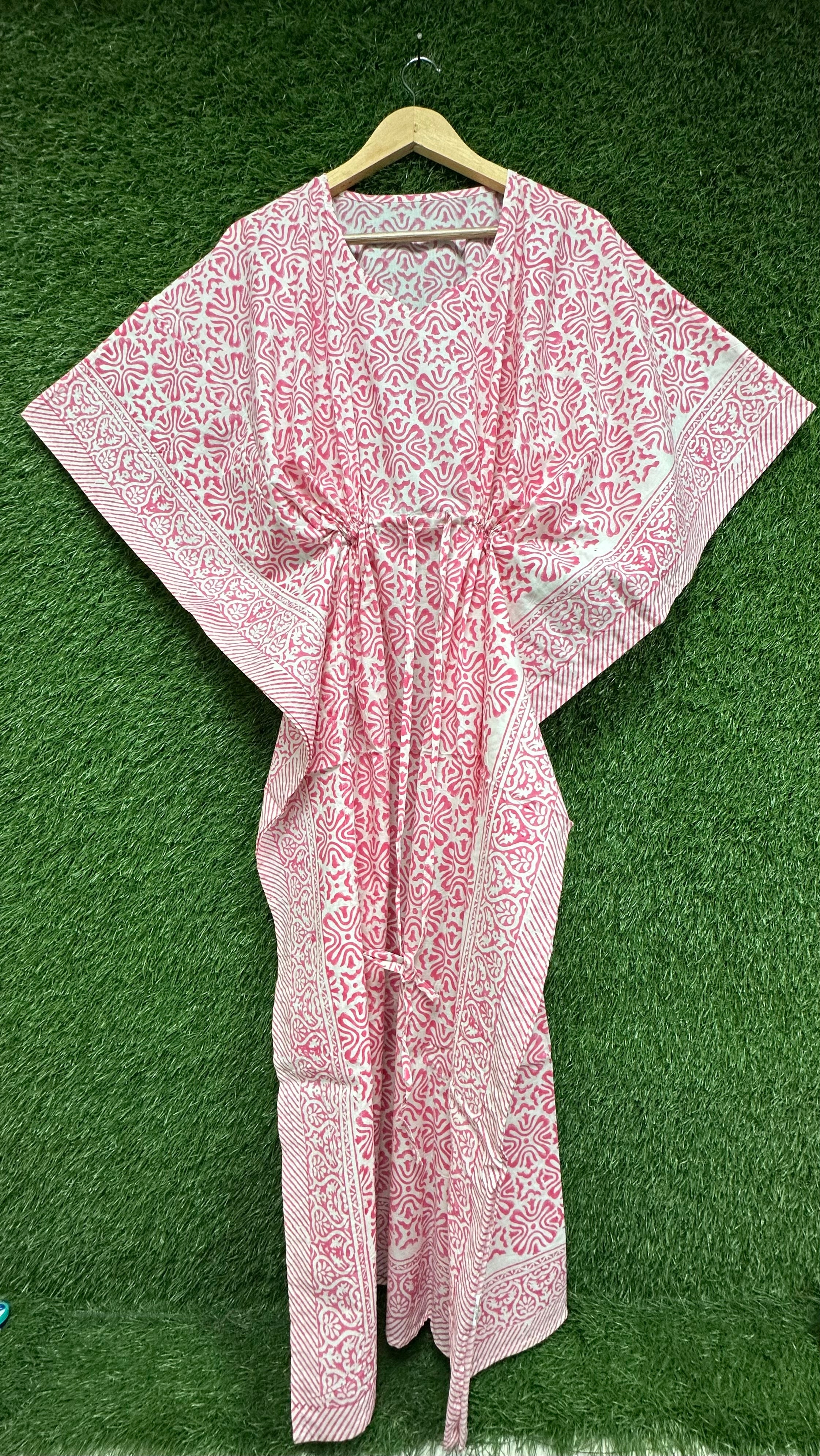 Pink Cotton Kaftan Dress for women Block Print Boho Loungewear
