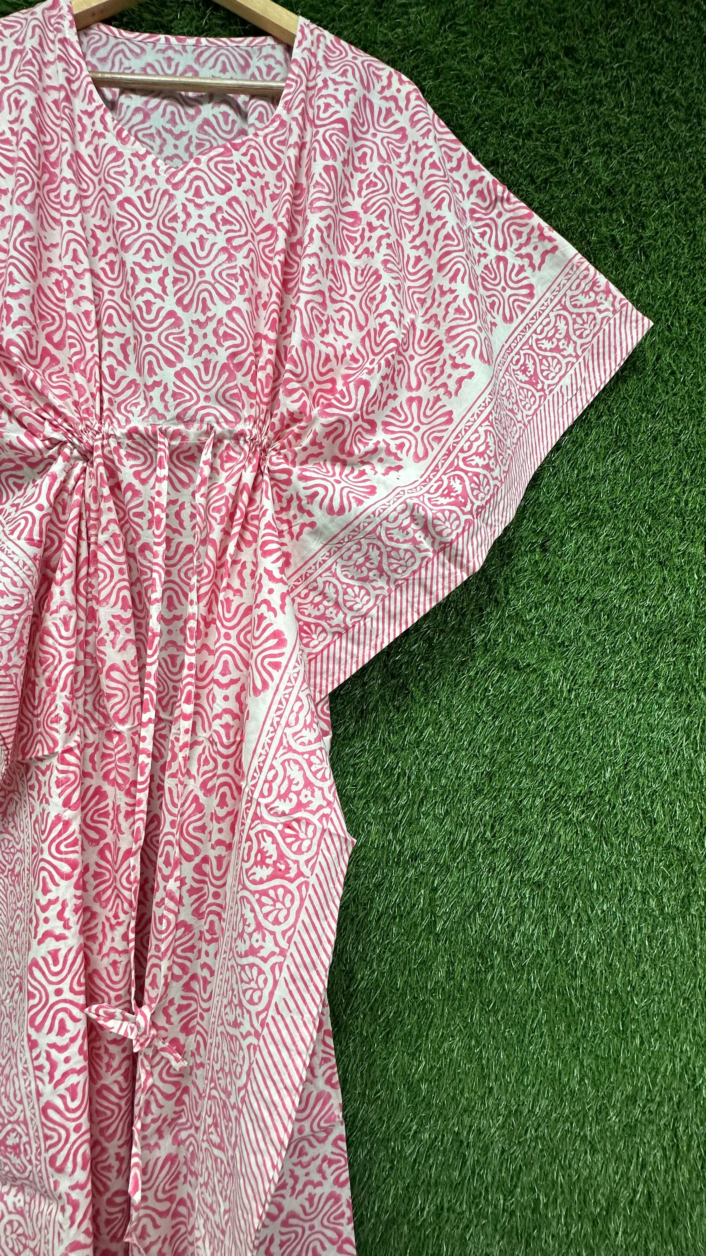 Image of Pink Cotton Kaftan Dress for women Block Print Boho Loungewear