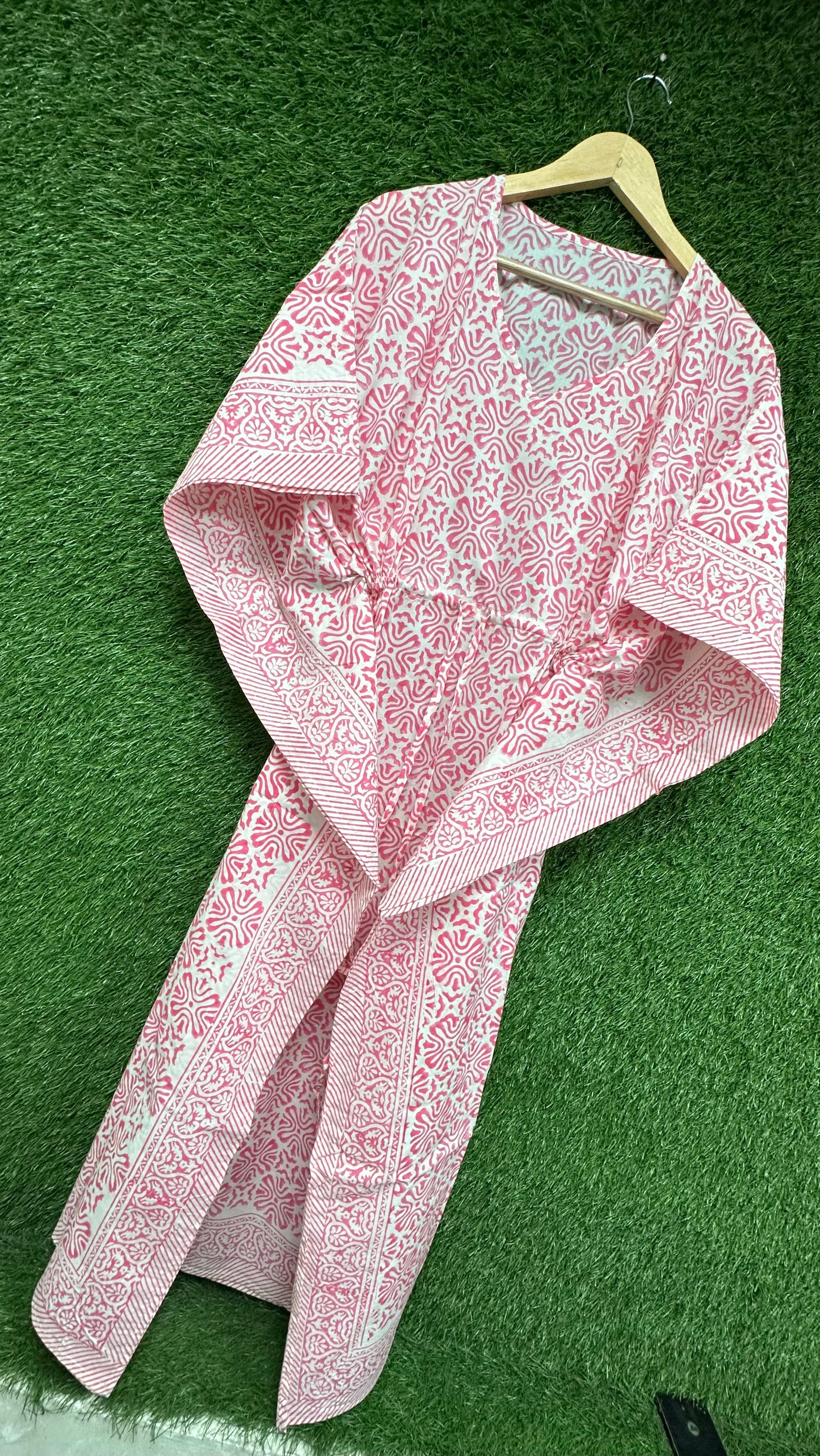 Image of Pink Cotton Kaftan Dress for women Block Print Boho Loungewear