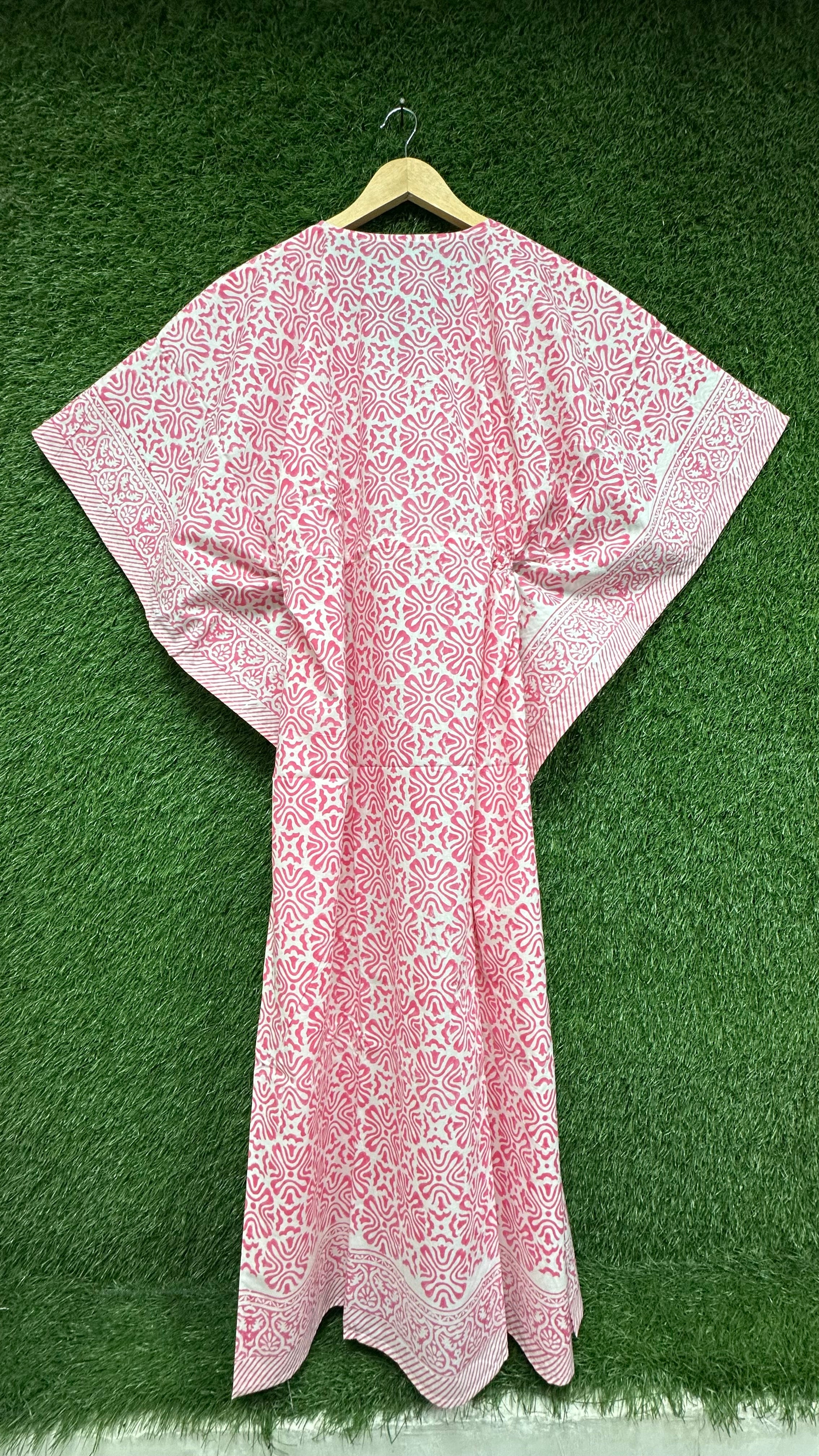 Pink Cotton Kaftan Dress for women Block Print Boho Loungewear