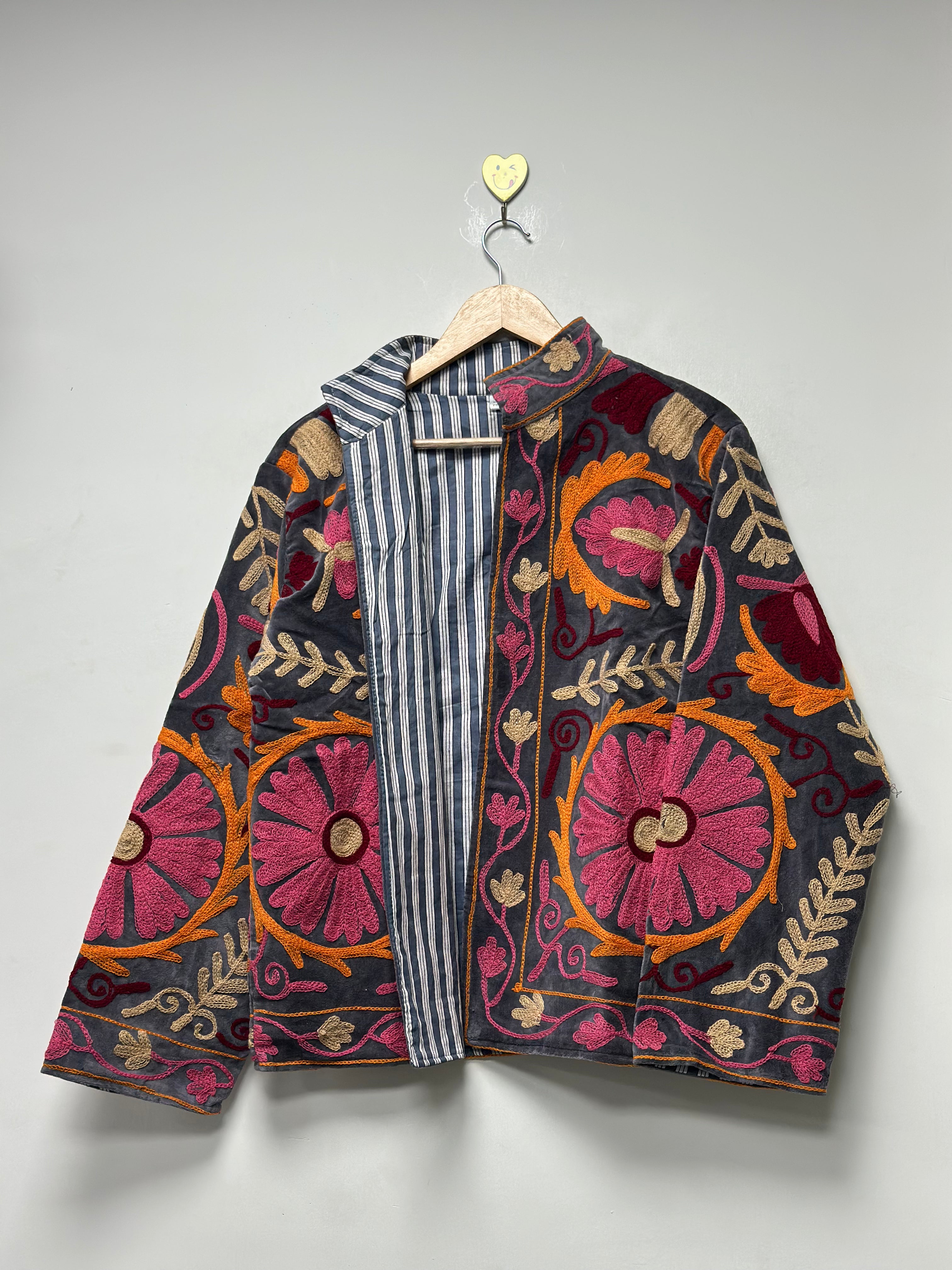 Floral Embroidery Velvet Jacket womens handmade Boho Winter Coat