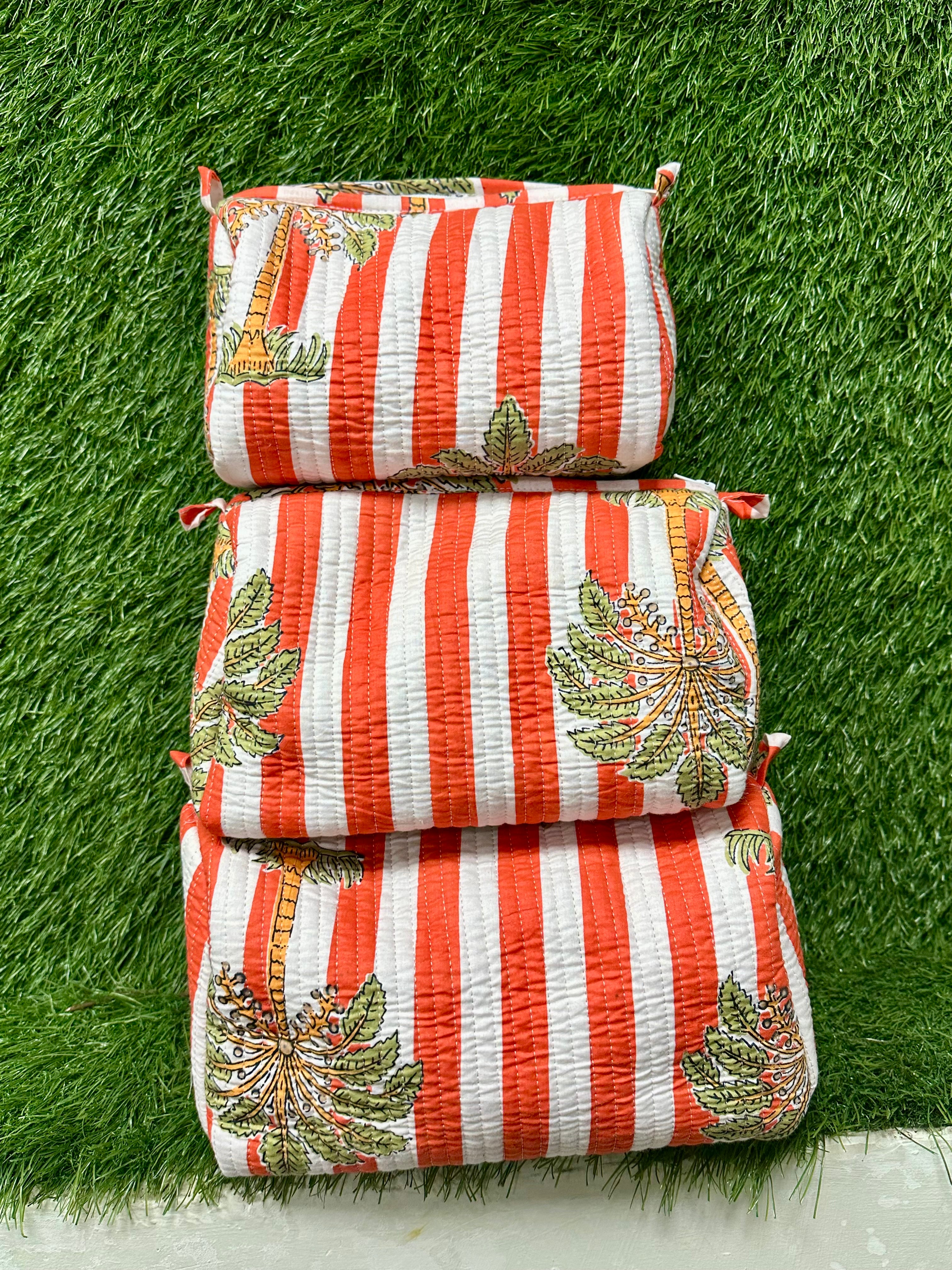 Image of Block Print Travel Toiletry Pouch Set of 3 Handmade Quilted Makeup bag