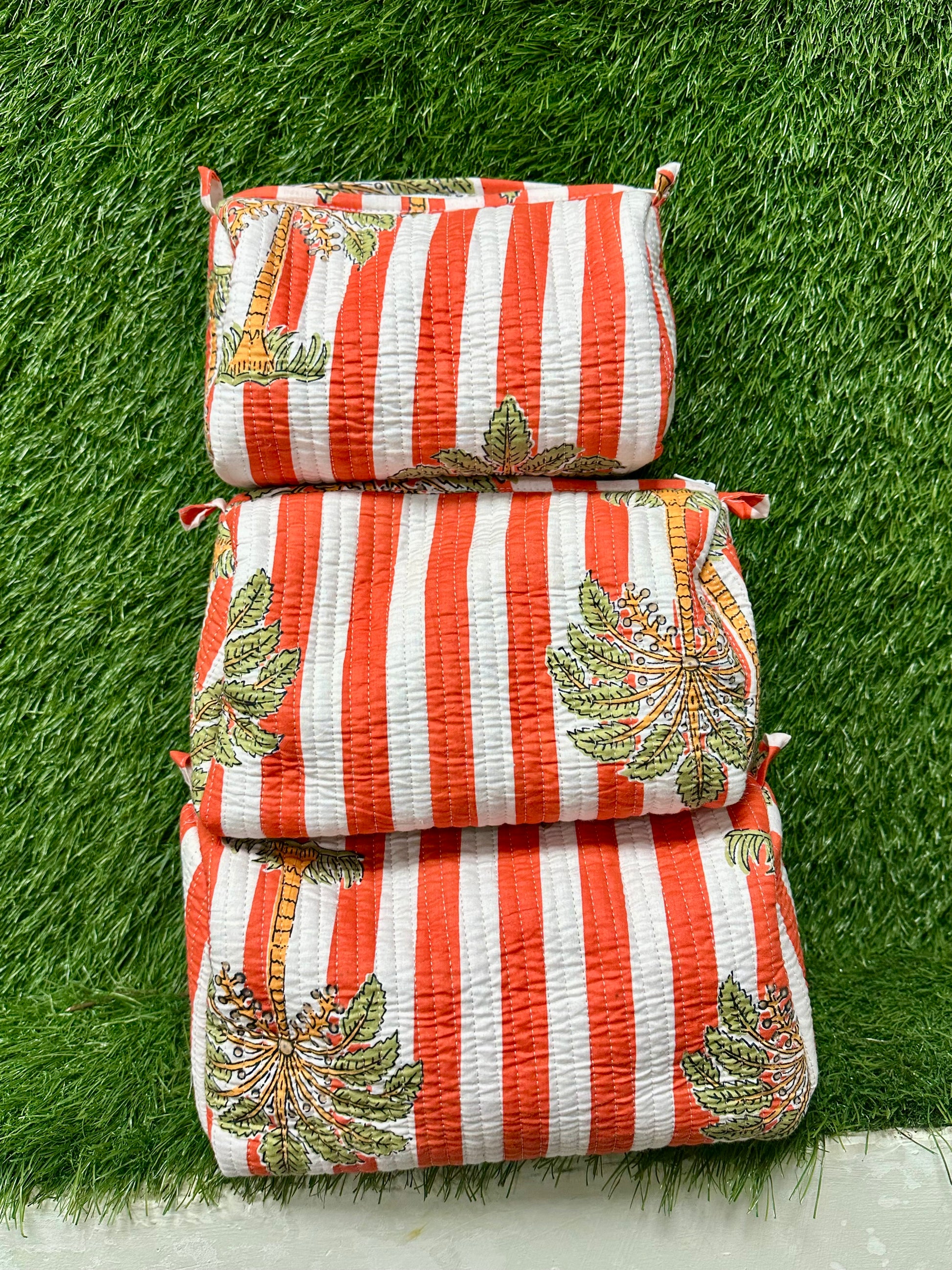 Block Print Travel Toiletry Pouch Set of 3 Handmade Quilted Makeup bag