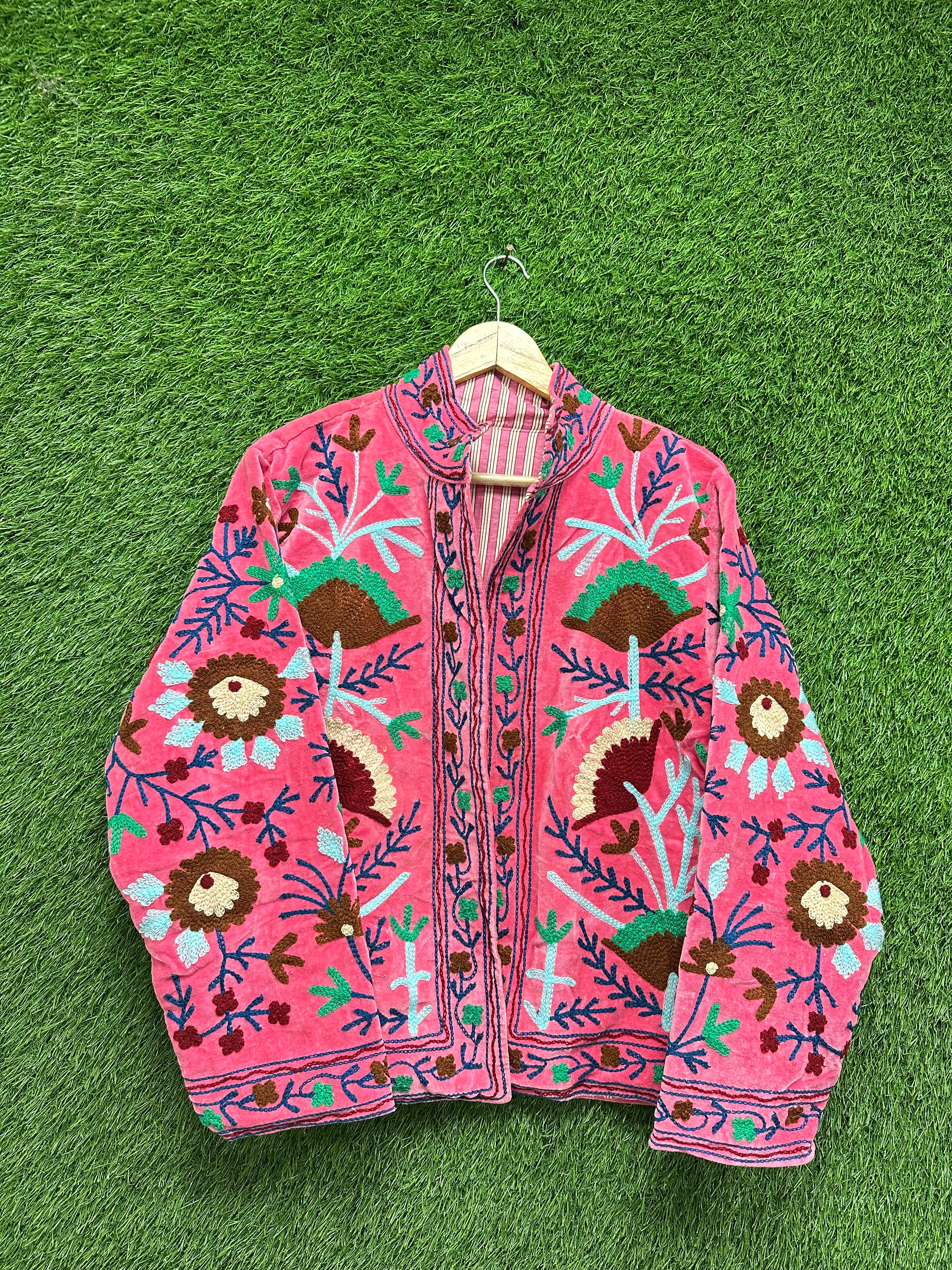 Pink Velvet Suzani Embroidered Jacket Boho Floral Coat