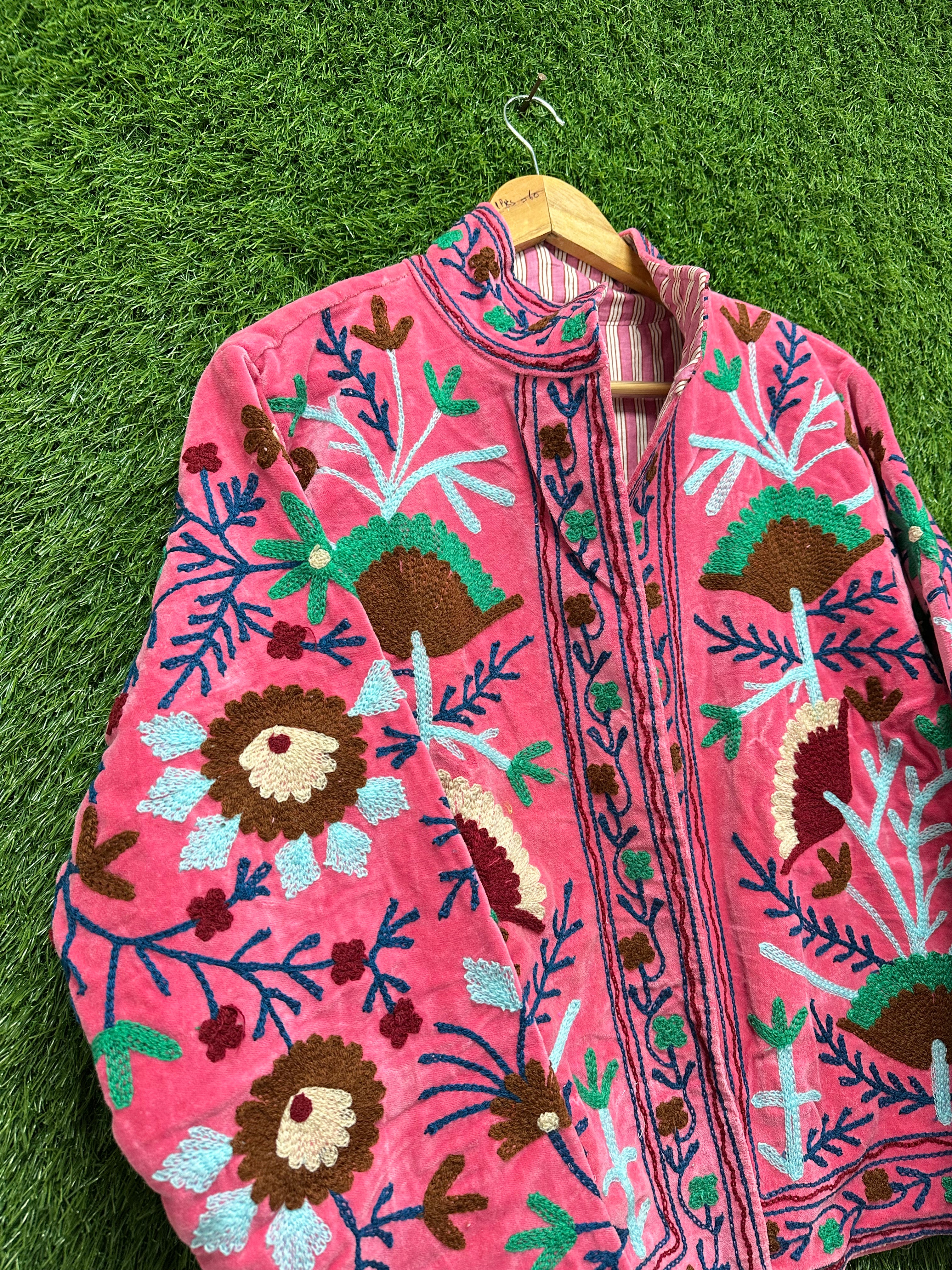 Pink Velvet Suzani Embroidered Jacket Boho Floral Coat