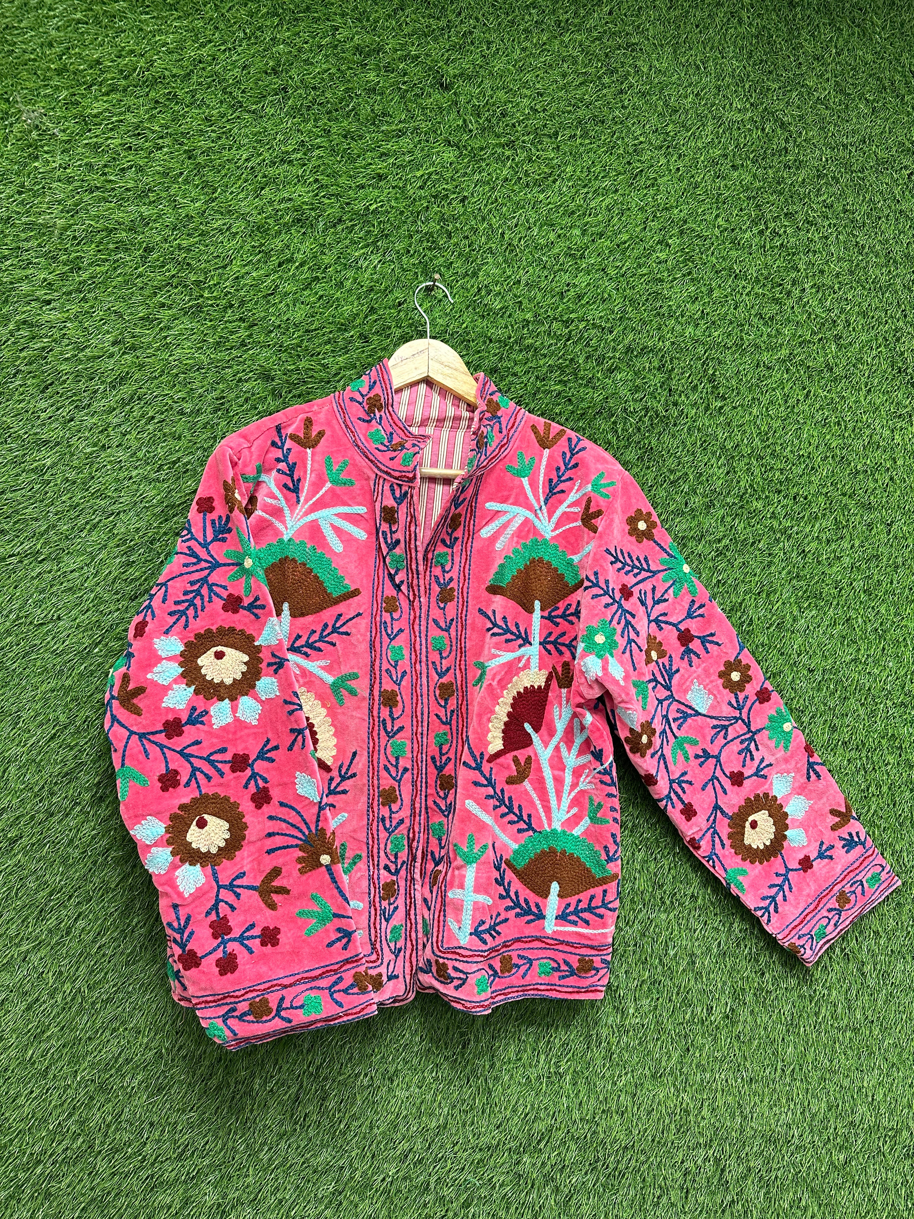 Pink Velvet Suzani Embroidered Jacket Boho Floral Coat
